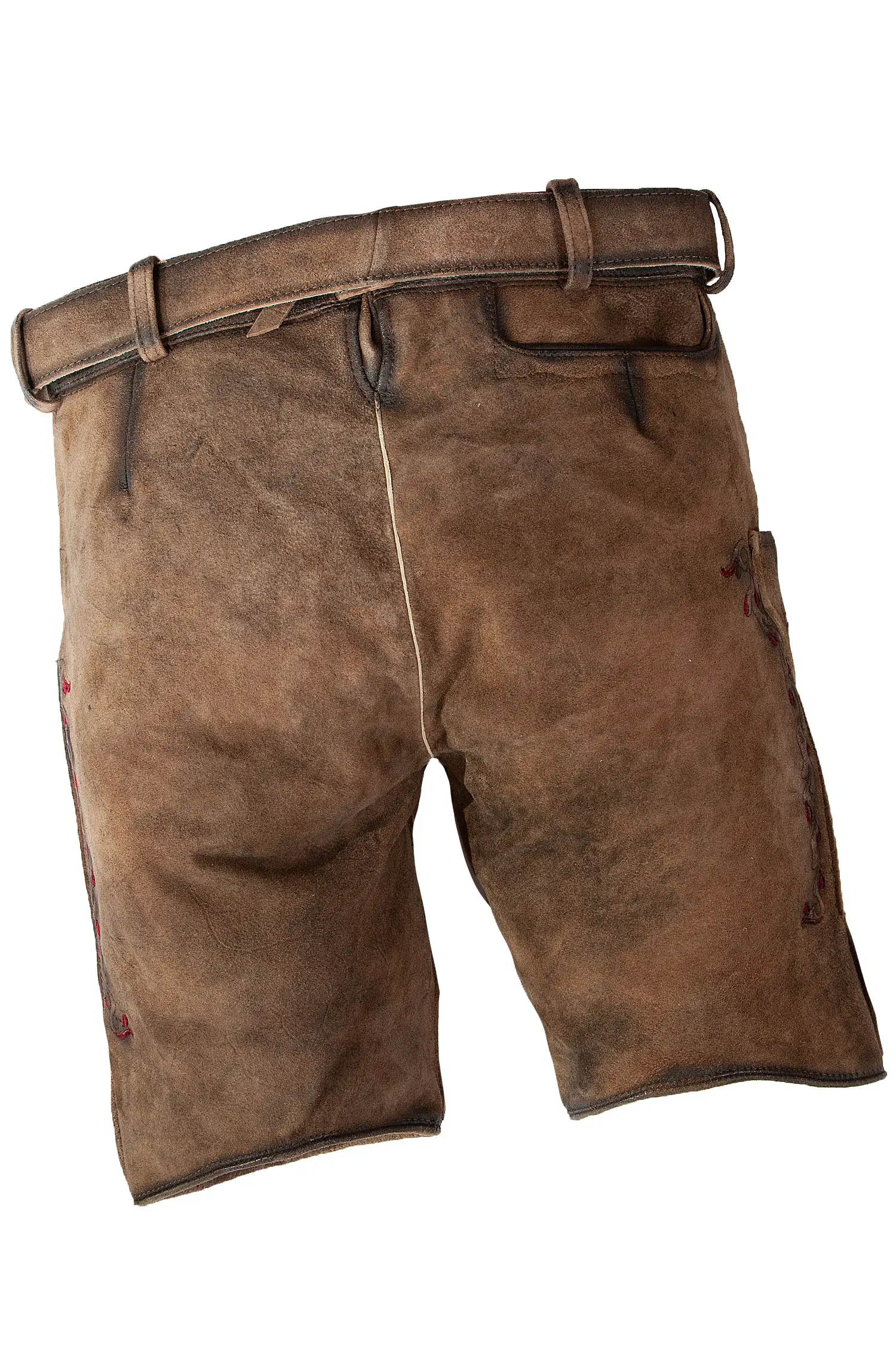 Kurze Lederhose Umberto in tabak mit roten Bestickungen - Rückansicht