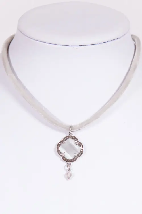 Trachtenkette Kleeblatt 925 silber mit weißen Steinen und hellgrau