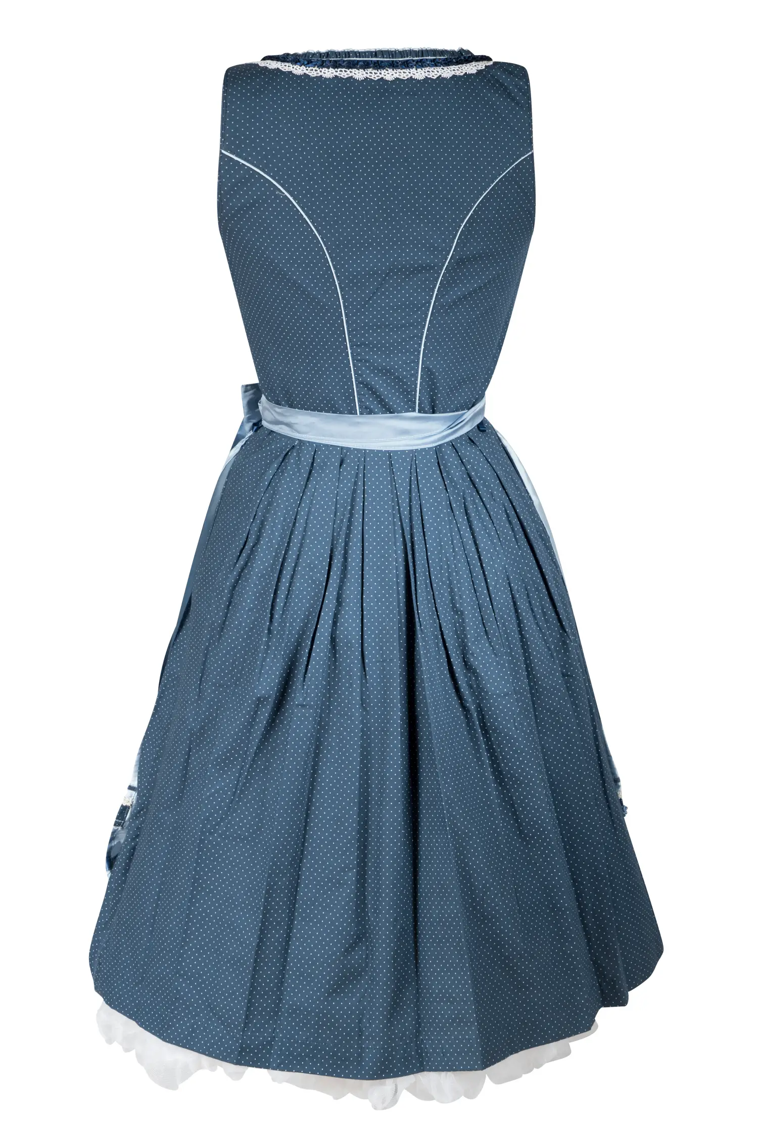 Blaues Dirndl mit auffälliger Schürze - Rückansicht