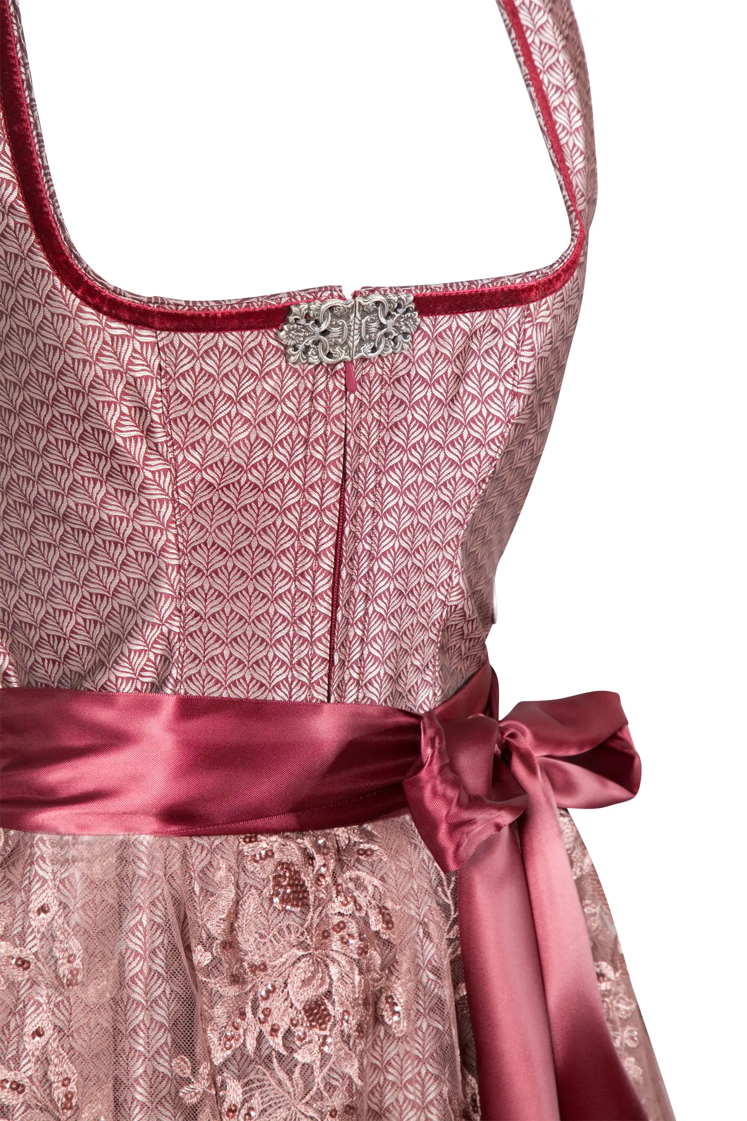 Dirndl Marisol in bordeaux mit Spitzenschürze - Detail Mieder