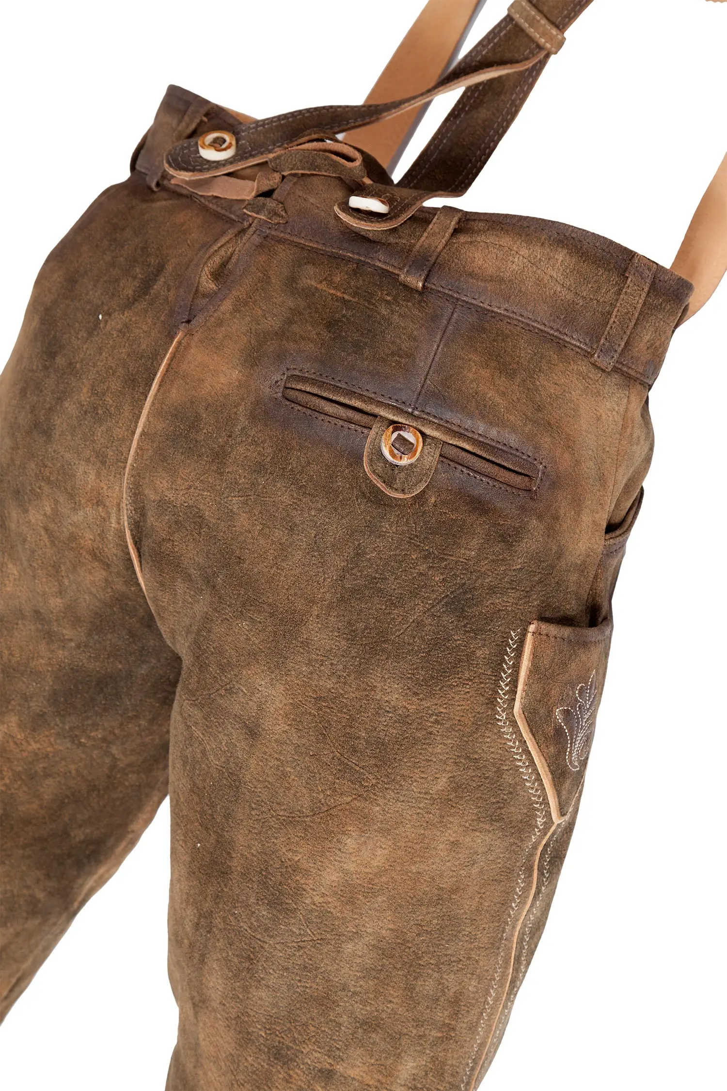 Kniebund Lederhose Justin in havanna mit Träger hinten