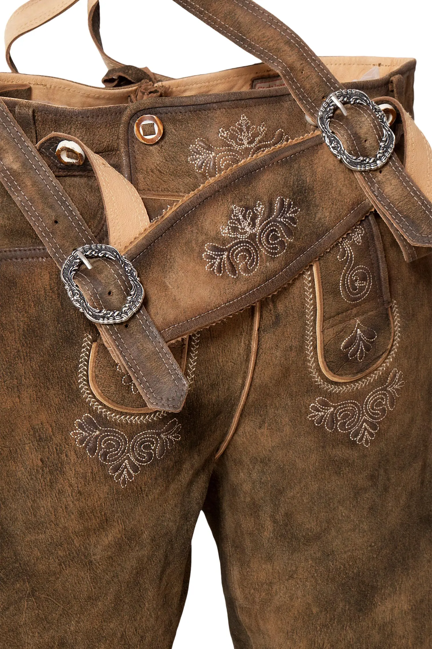 Kniebund Lederhose Justin in havanna mit Träger Latz