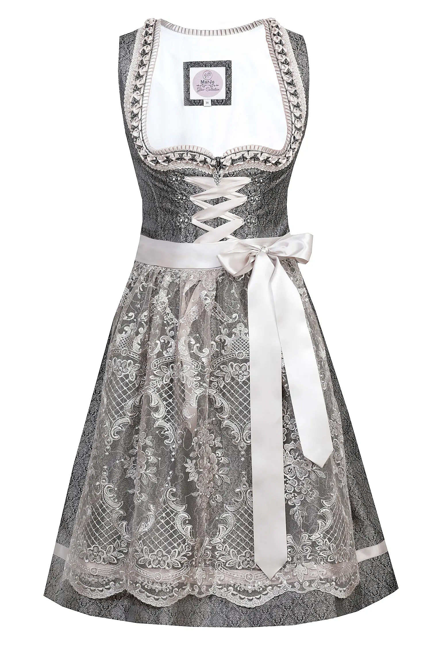 3066-1152-AN4marjo-2023-1a Dirndl Benita in anthrazit / taupe mit Glitzerschürze 60 cm