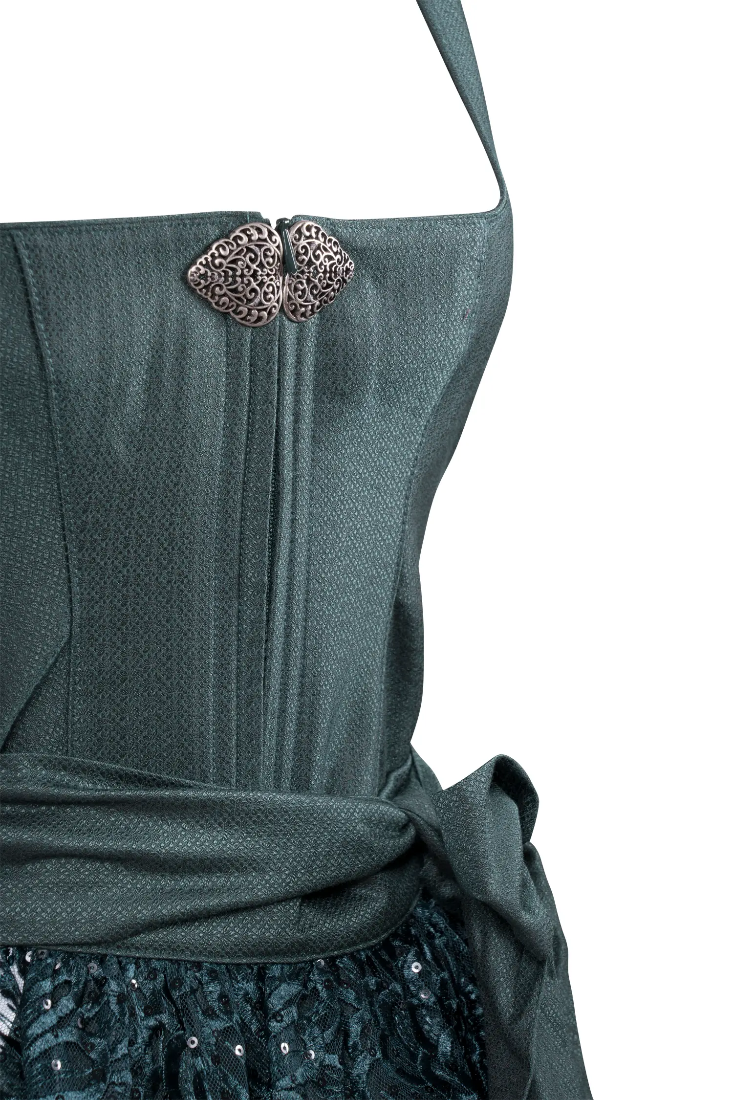 3096-0108-gn7-23-07-28-00694 Dirndl Nadescha in dunkelgrün mit Glitzerschürze - Detail Mieder