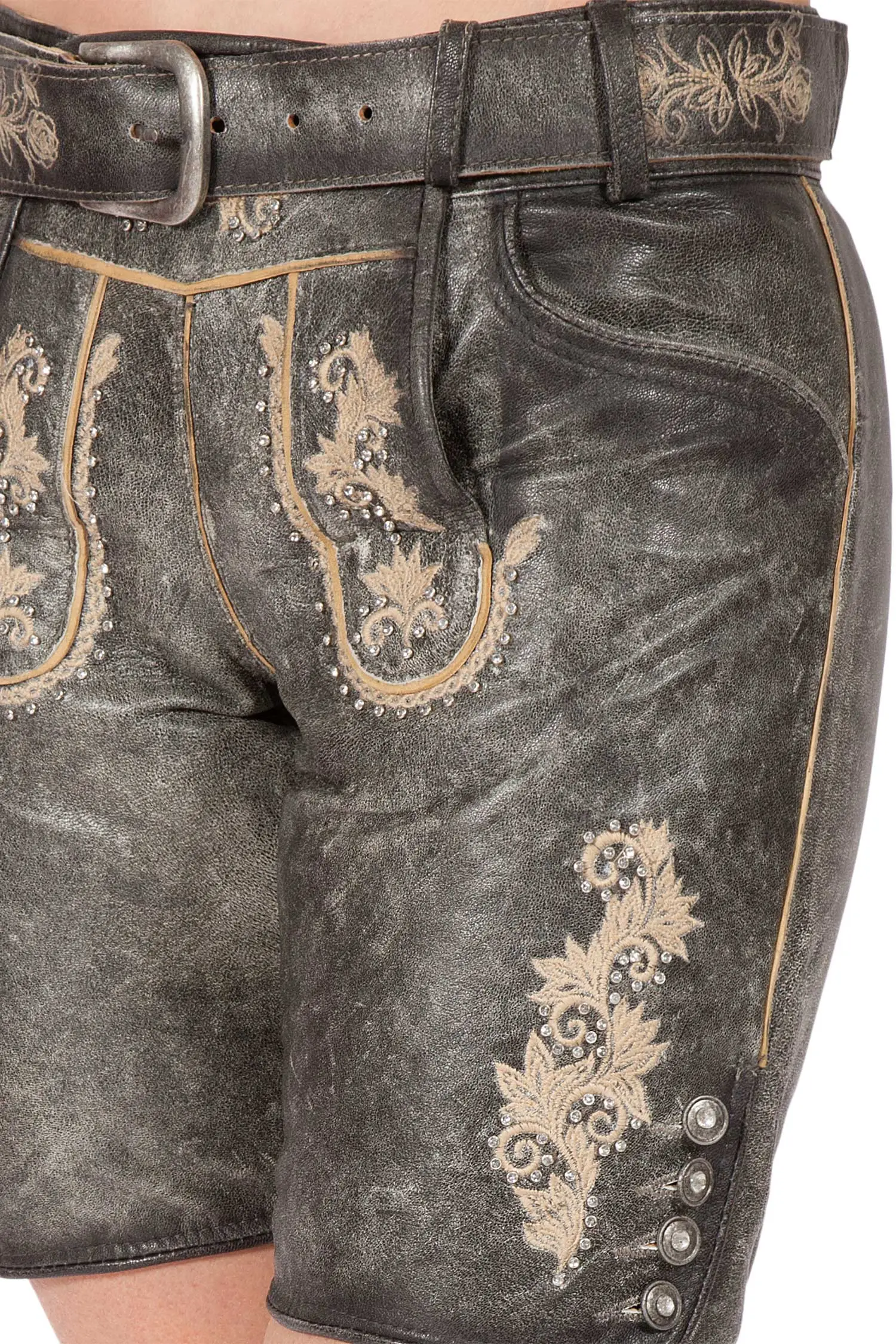 Damen Lederhose kurz in anthrazit mit Glitzer Gürtel