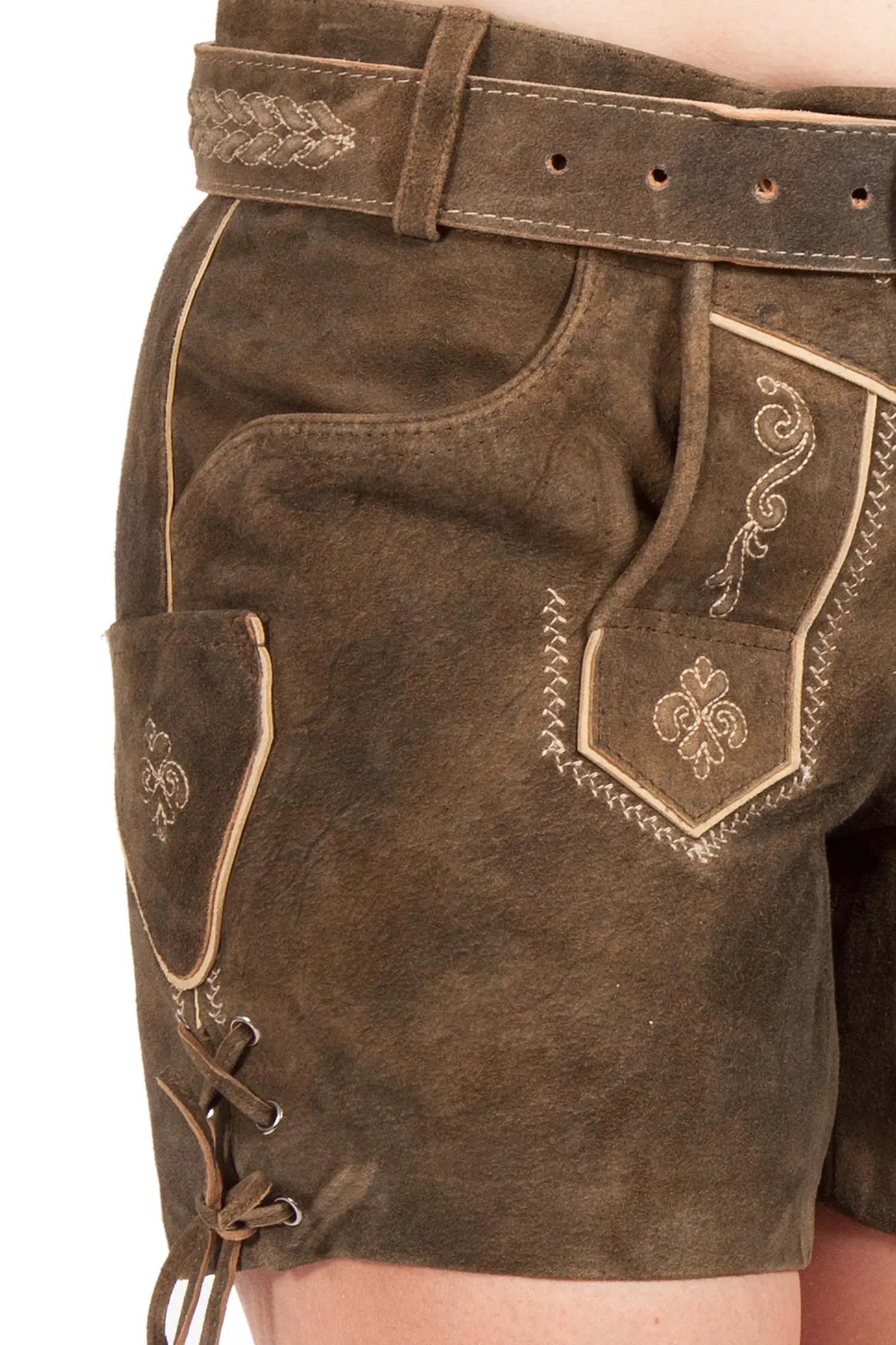 kurze-lederhose-walnuss-2601-1006-ba6-18-07a-7414-b Lederhose kurz Gerda für Damen in braun mit Gürtel Detail