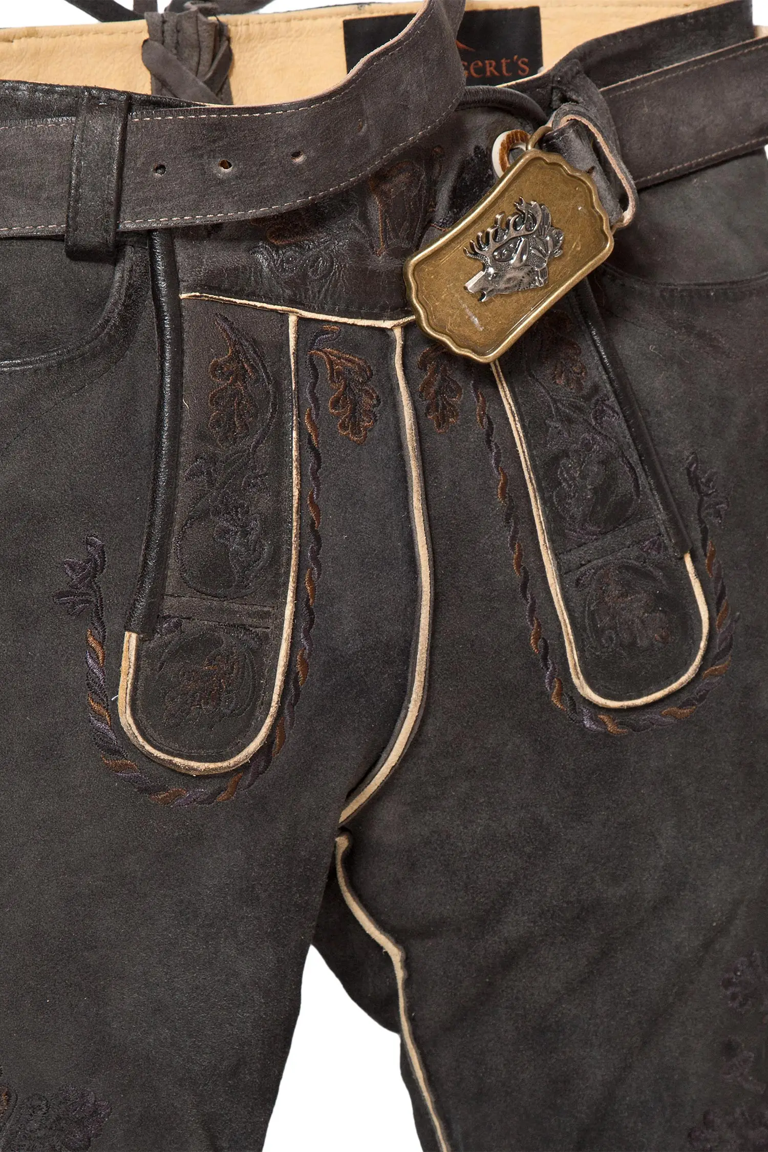 Lederhose kurz Amsel in schwarz mit schwarzem Stick Latz