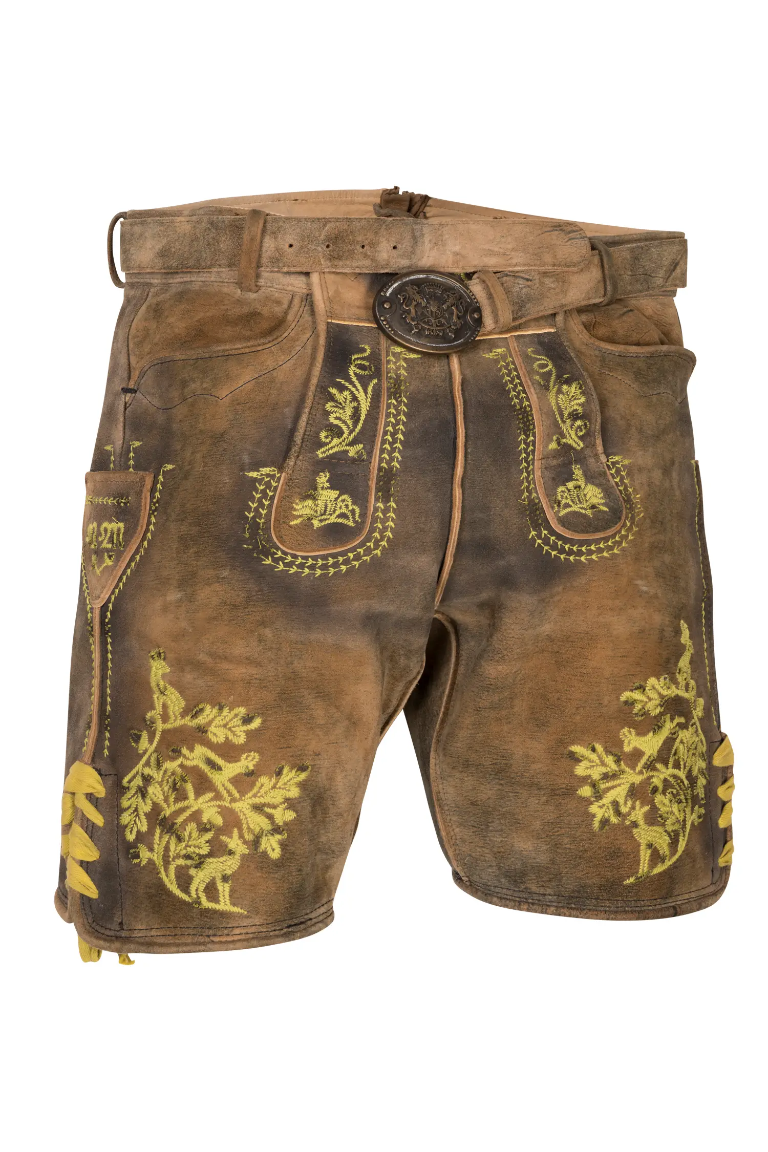 Kurze Lederhose Rudolf in braun used mit gelbem Stick