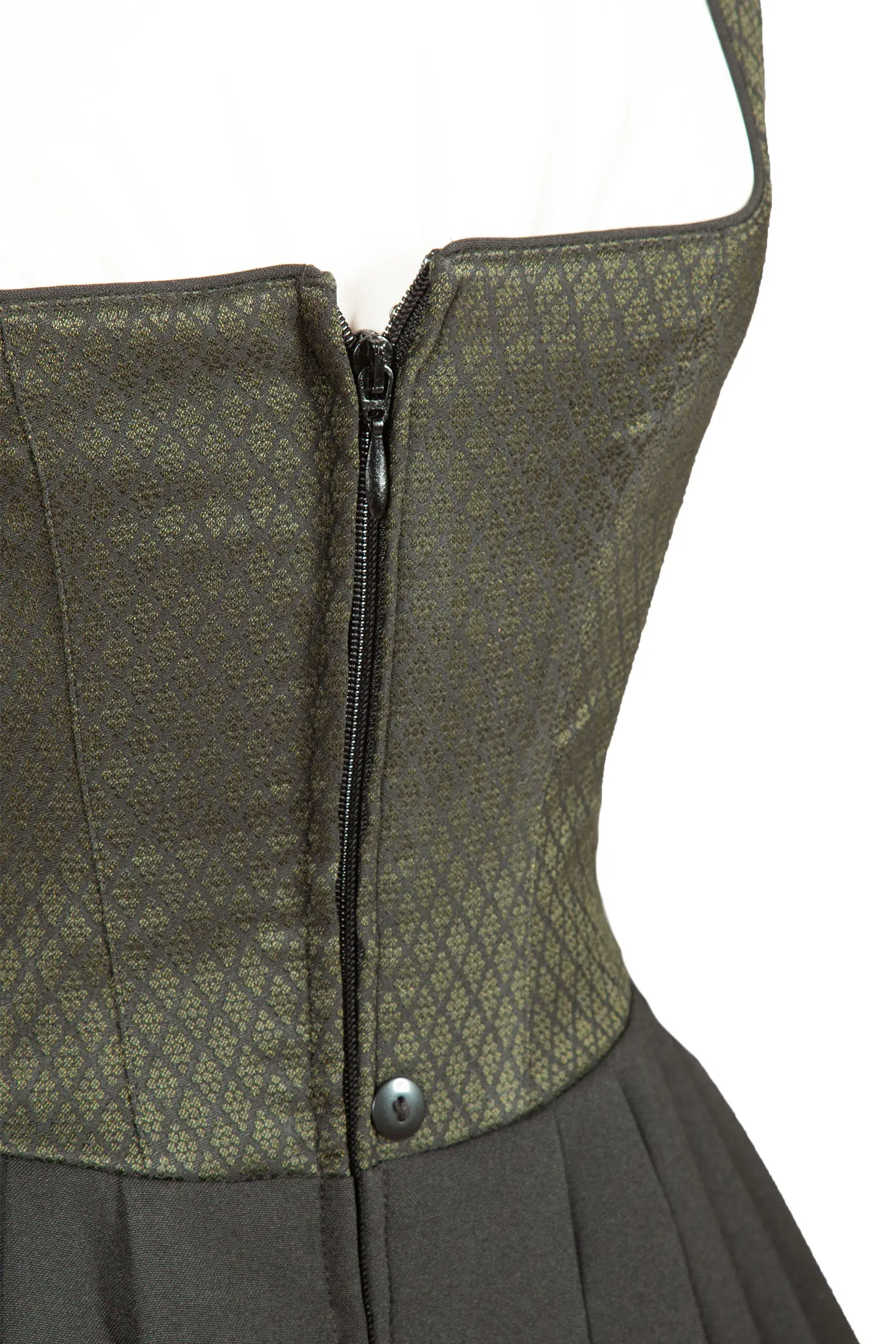 Bequemes Dirndl in schwarz / oliv mit Schimmer-Mieder - Detail Mieder