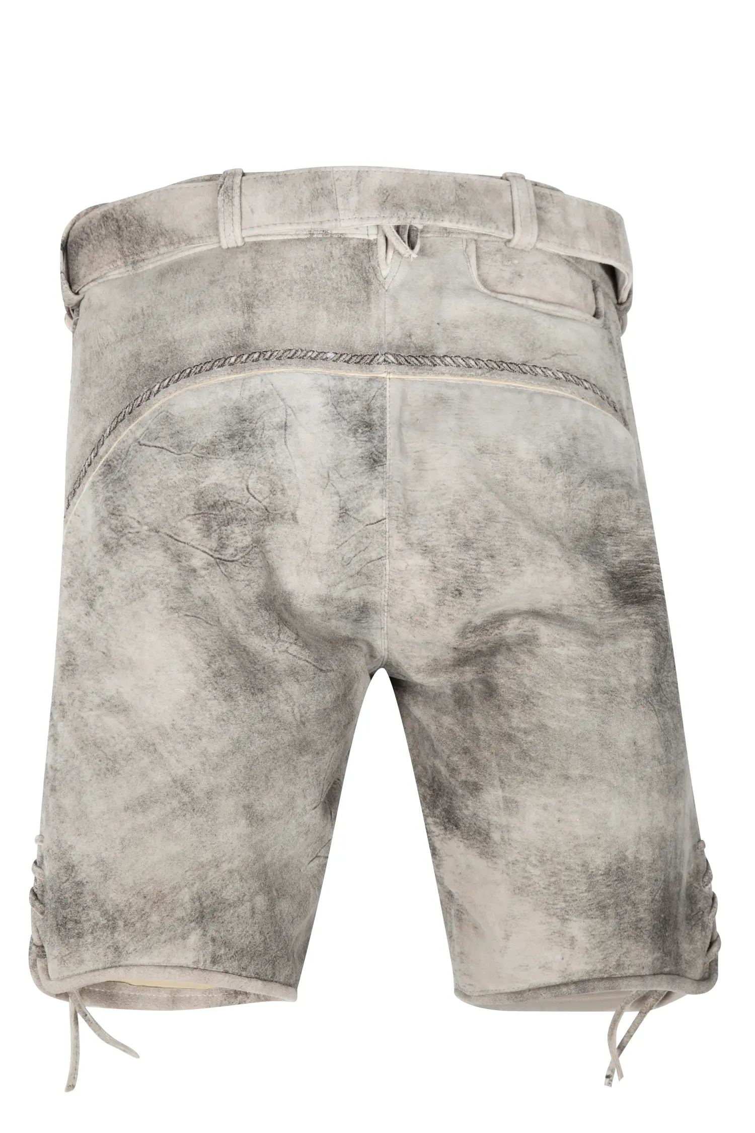 Kurze Lederhose Billfried in grau mit brauner Stickerei - Rückansicht