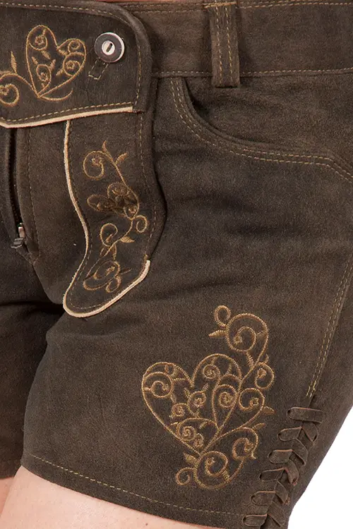 Damen Lederhose kurz Flacht in aschbraun und oliv Detail