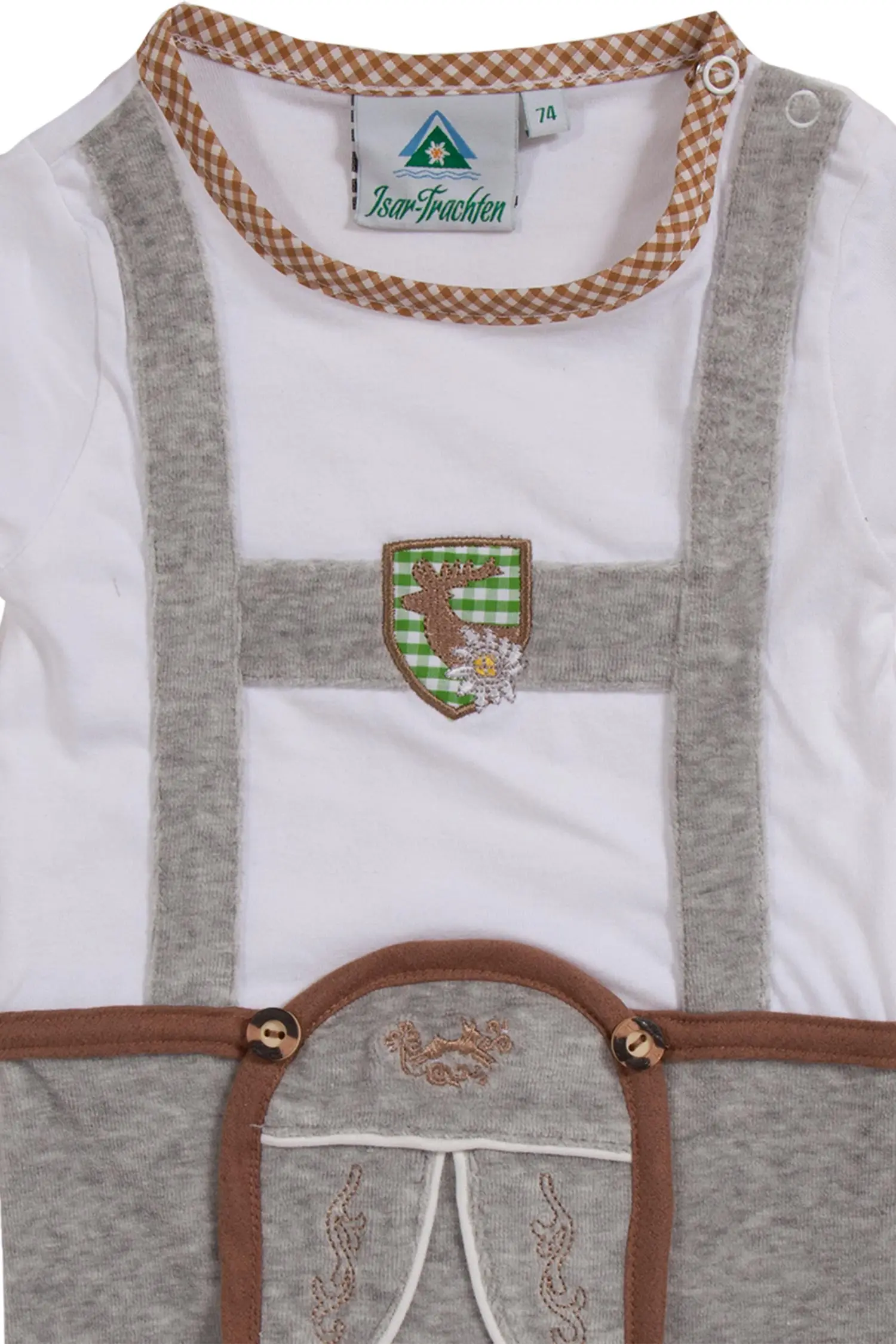 Baby Strampler Lederhose weiß grau Detail