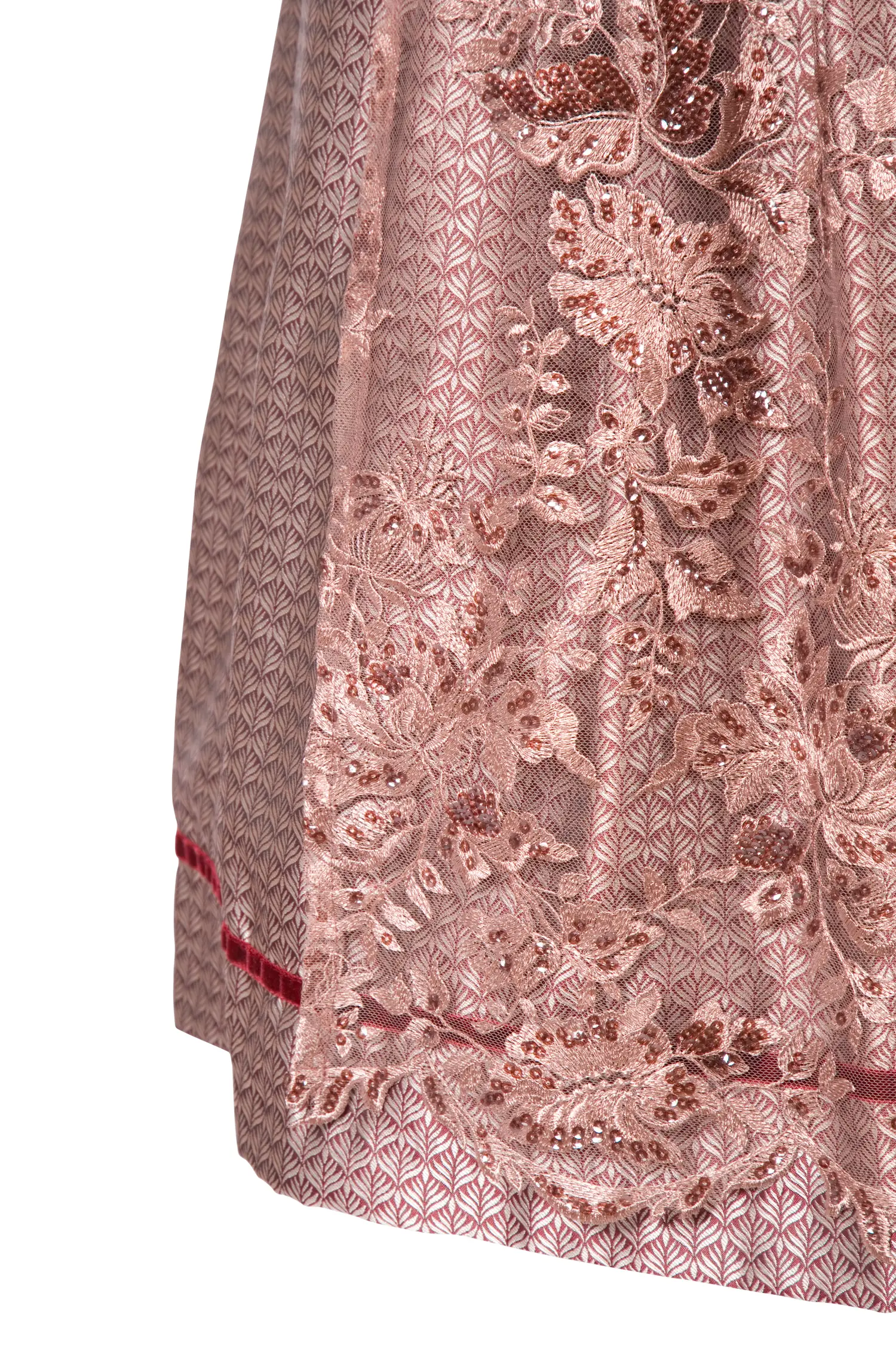 Dirndl Marisol in bordeaux mit Spitzenschürze - Detail Rock