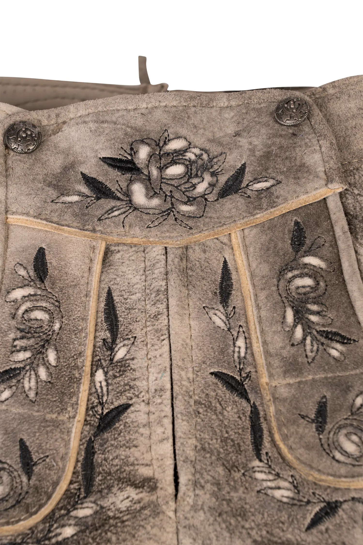 Kurze Lederhose Buffy in Anthrazit Detail Latz