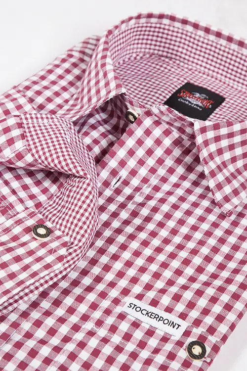 Trachtenhemd kariert in bordeaux und weiß günstig Detail