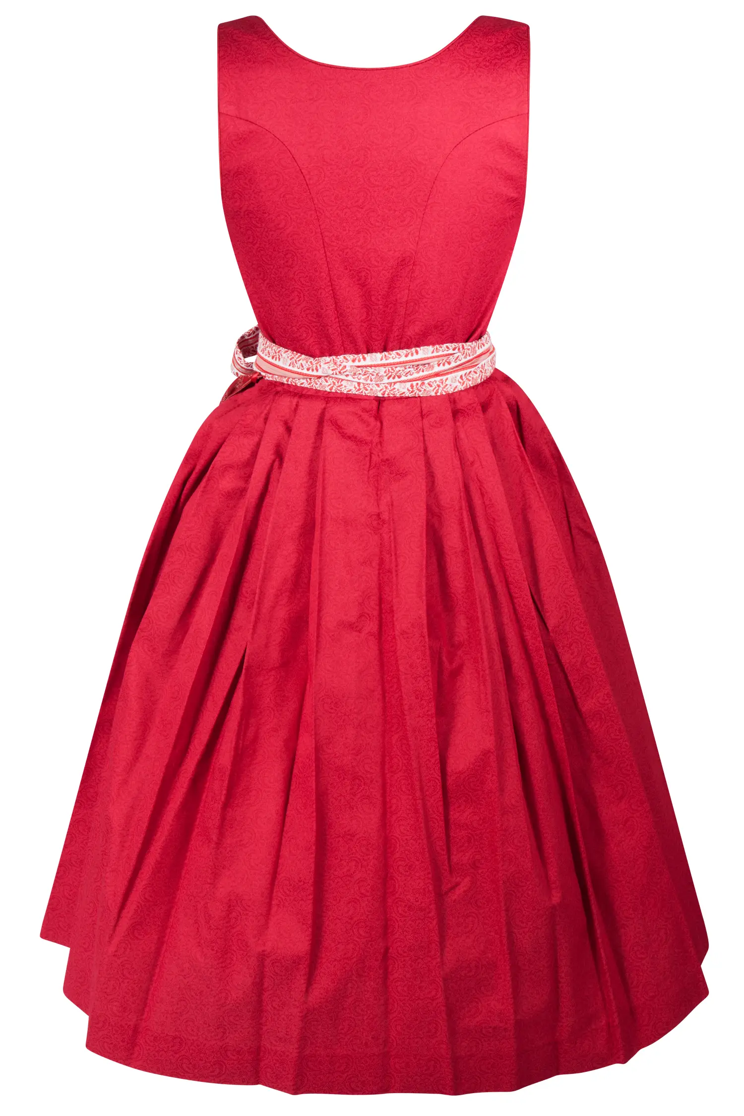 Rotes Dirndl mit auffälliger Schürze - Rückansicht