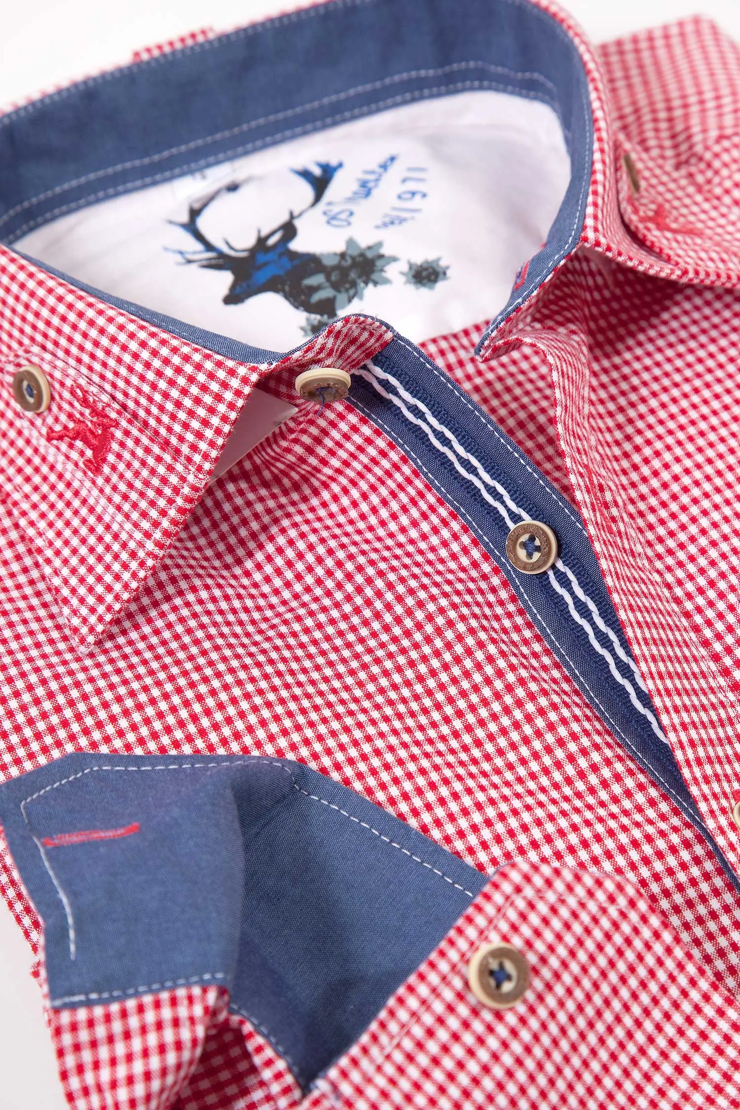 Trachtenhemd in Vichykaro rot weiß mit Stick Detail