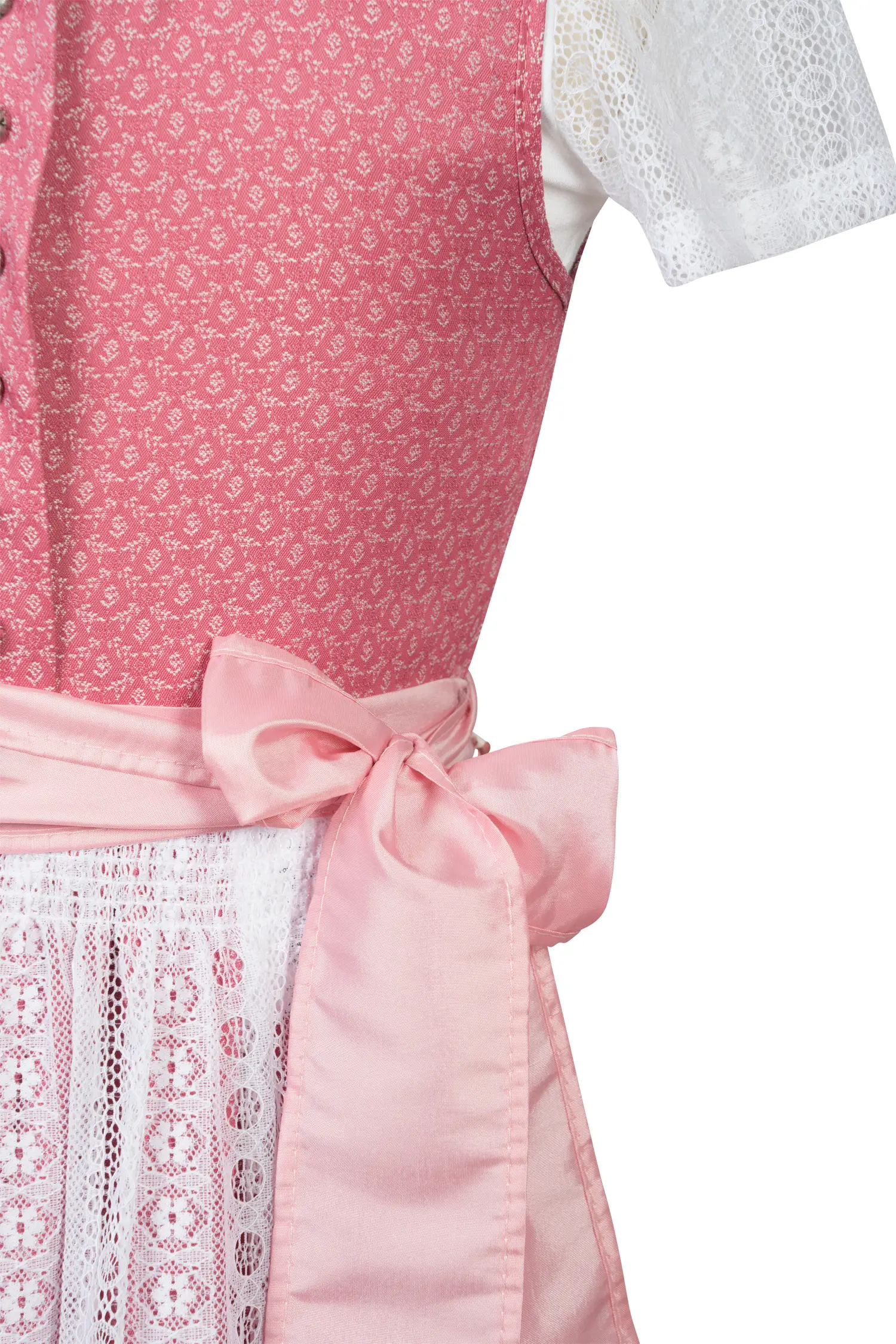 Kinderdirndl Anna in rosa mit Shirt und Spitzenschürze - Detail Mieder