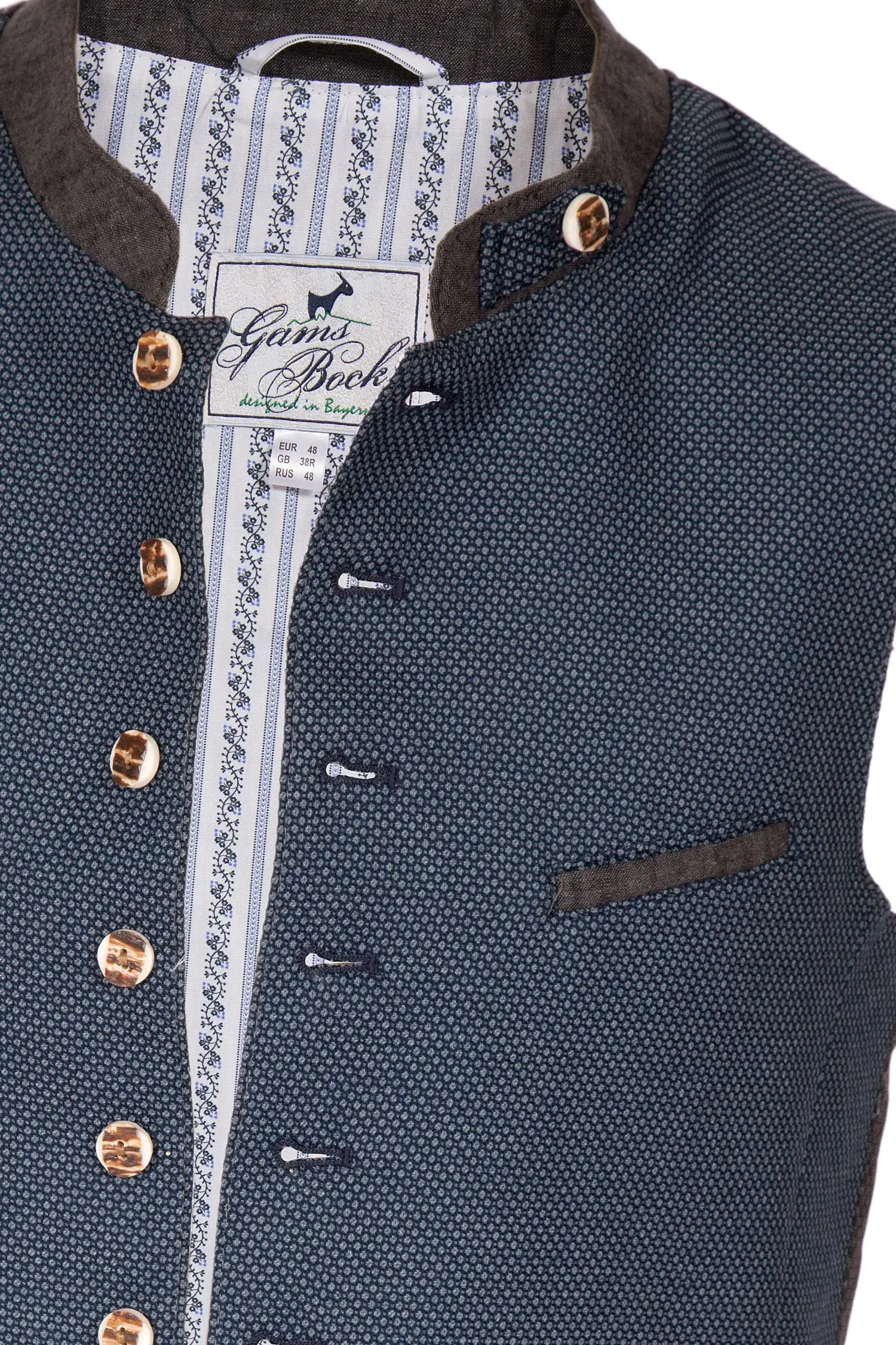 trachtenweste-dunkelblau-1345-0080-bl8-20-01a-1879-b Trachtenweste in dunkelblau aus Webstoff mit Punkten Detail