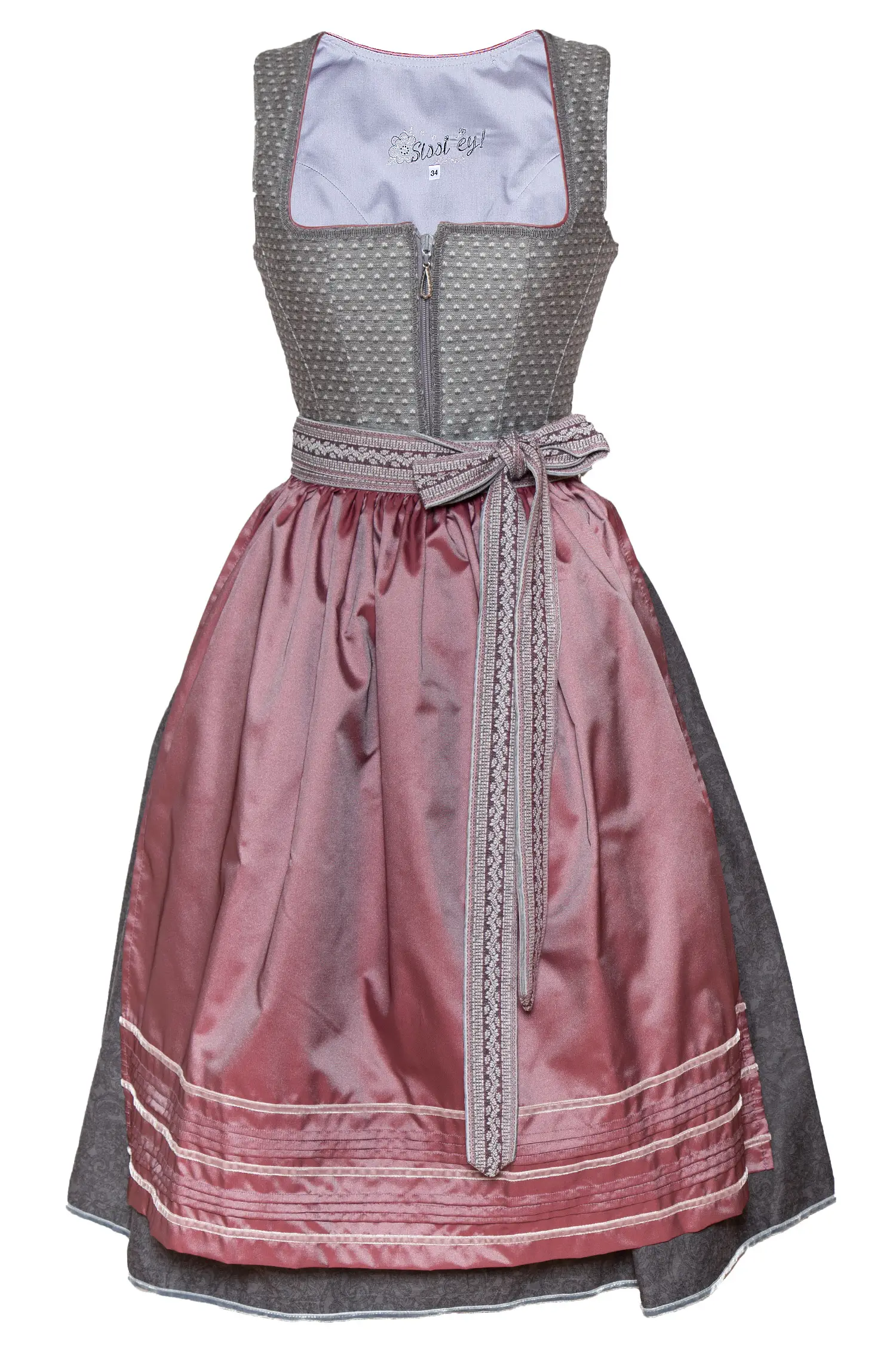 3097-1702-gr6-22-08h-2333 Dirndl in grau mit altrosa Schürze und besonderem Schürzenband
