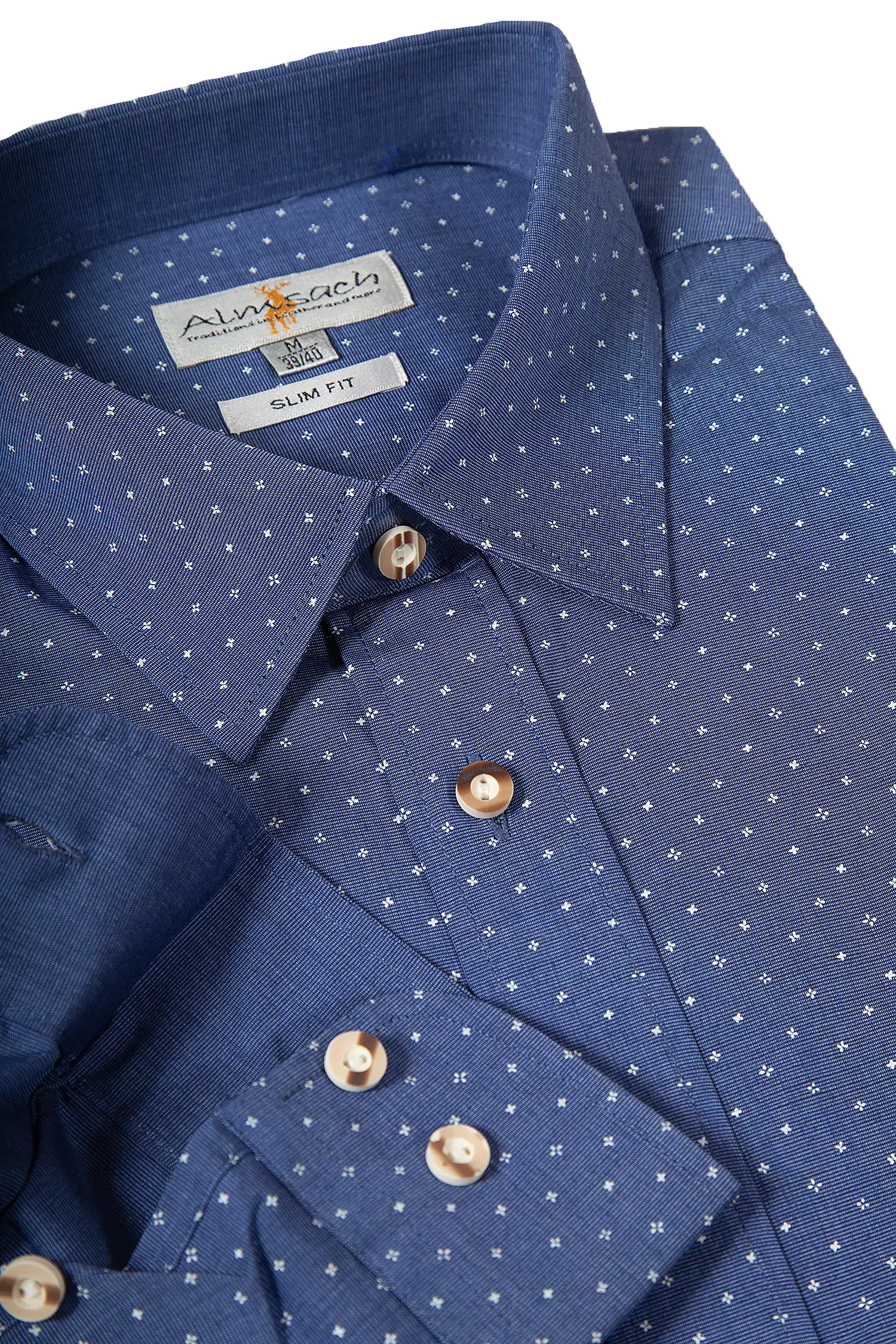 Trachtenhemd in blau mit Muster in weiß von Almsach - Detail Ärmel