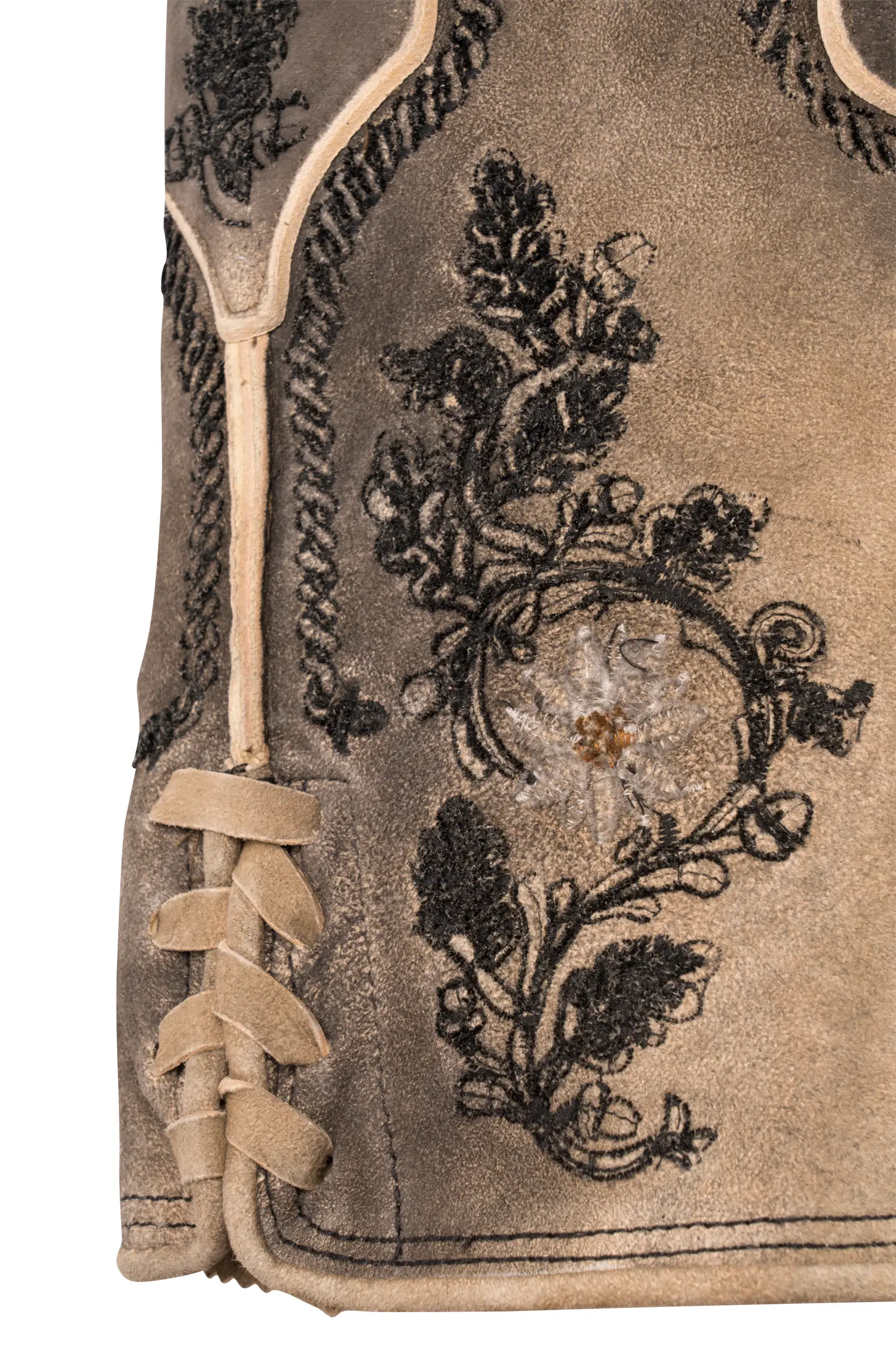 Kurze Lederhose Franz in hellgrau mit Edelweiß - Detail Bein