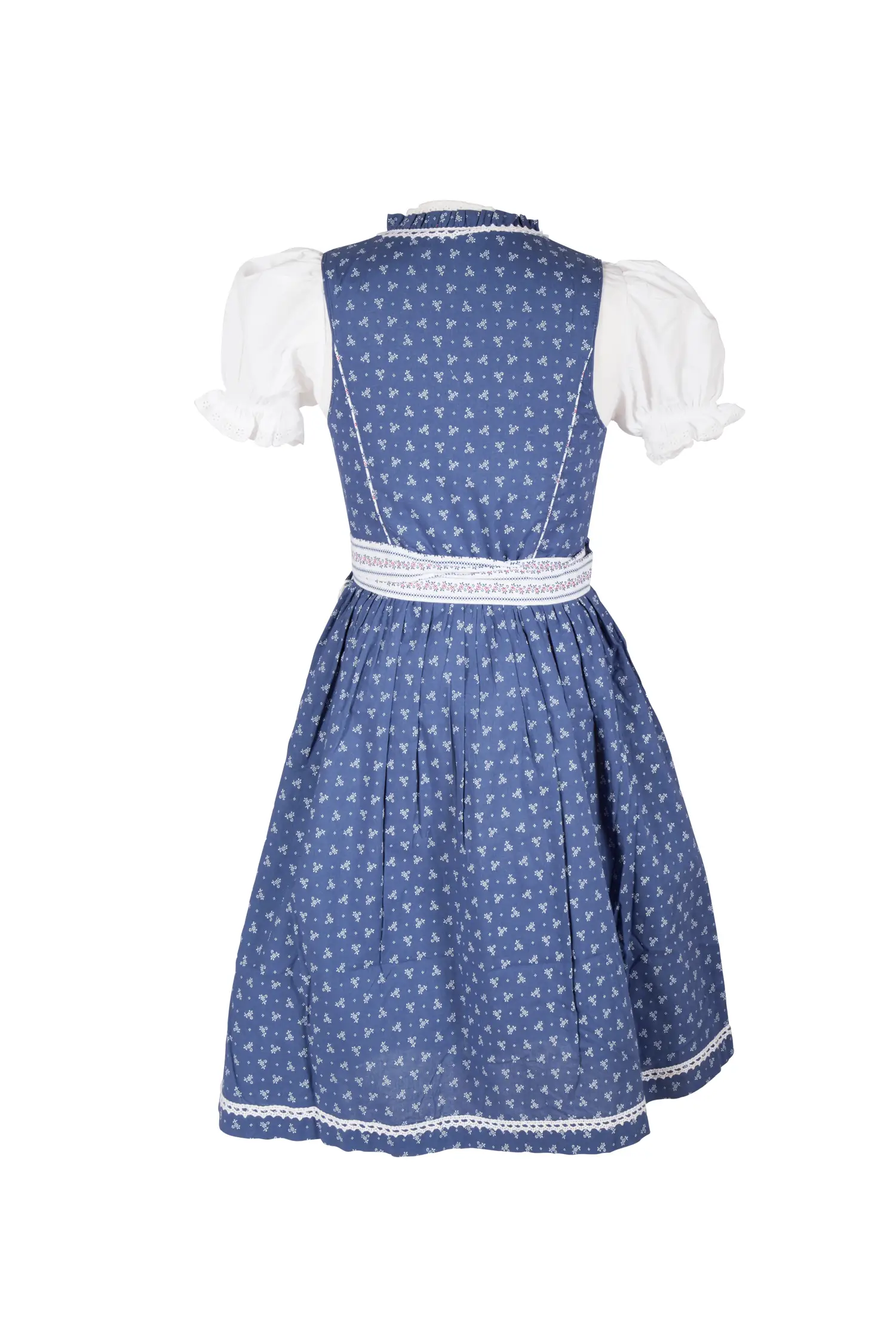 Kinderdirndl in blau mit Bluse und Schürze - Rückansicht