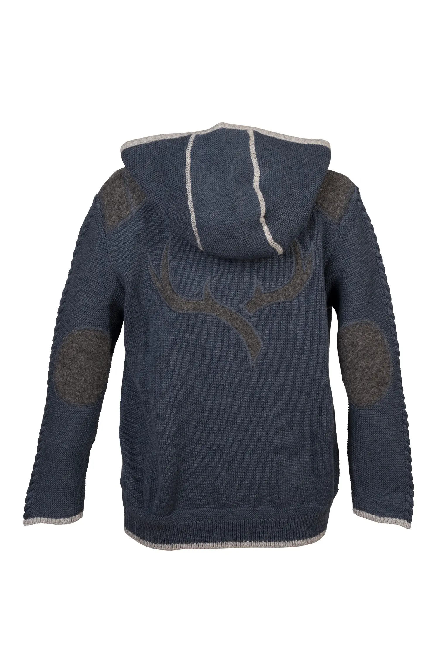 Kinder Trachtenstrickjacke blau / grau mit Kapuze Rückansicht