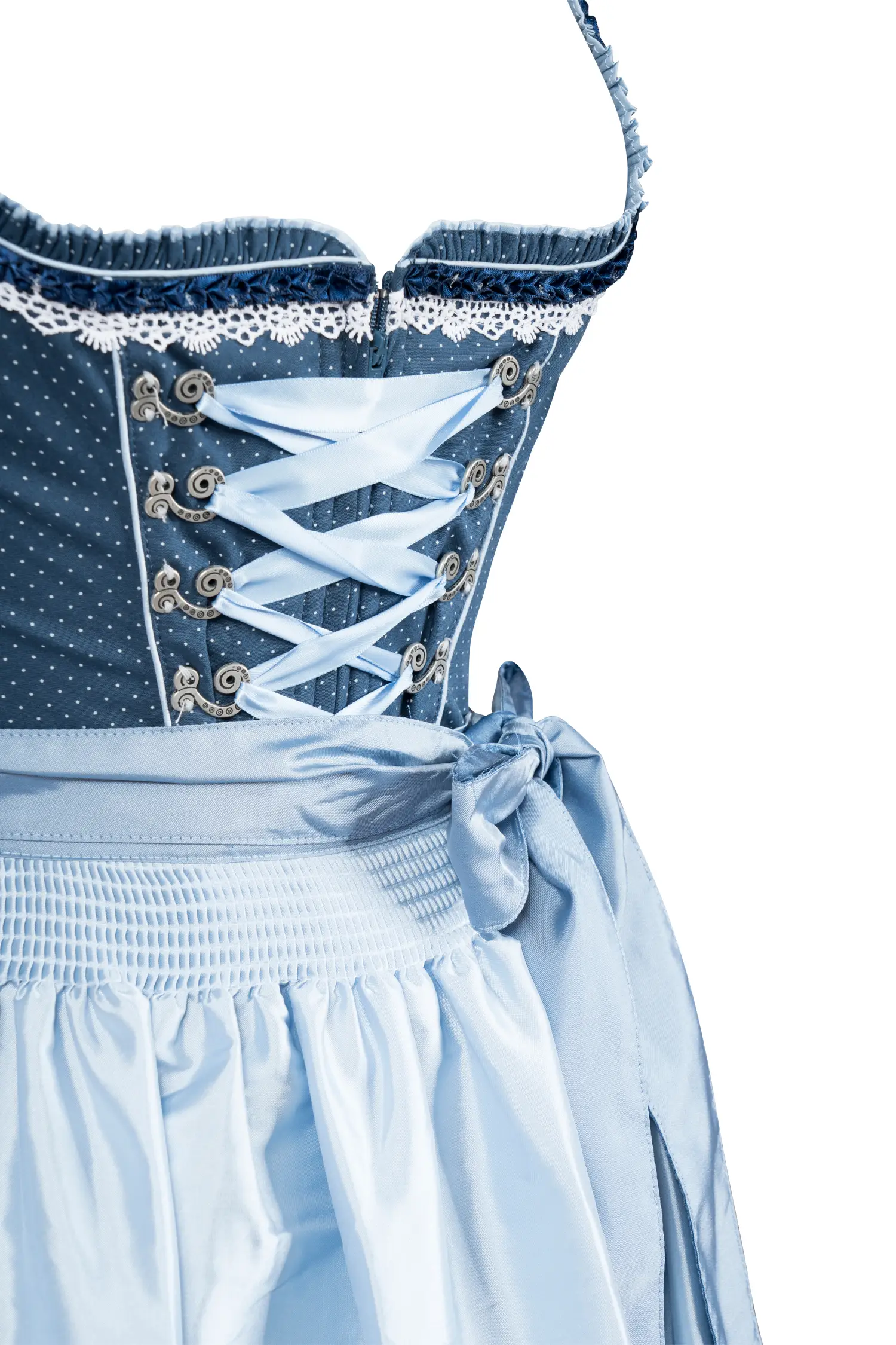 Blaues Dirndl mit auffälliger Schürze - Detail Mieder