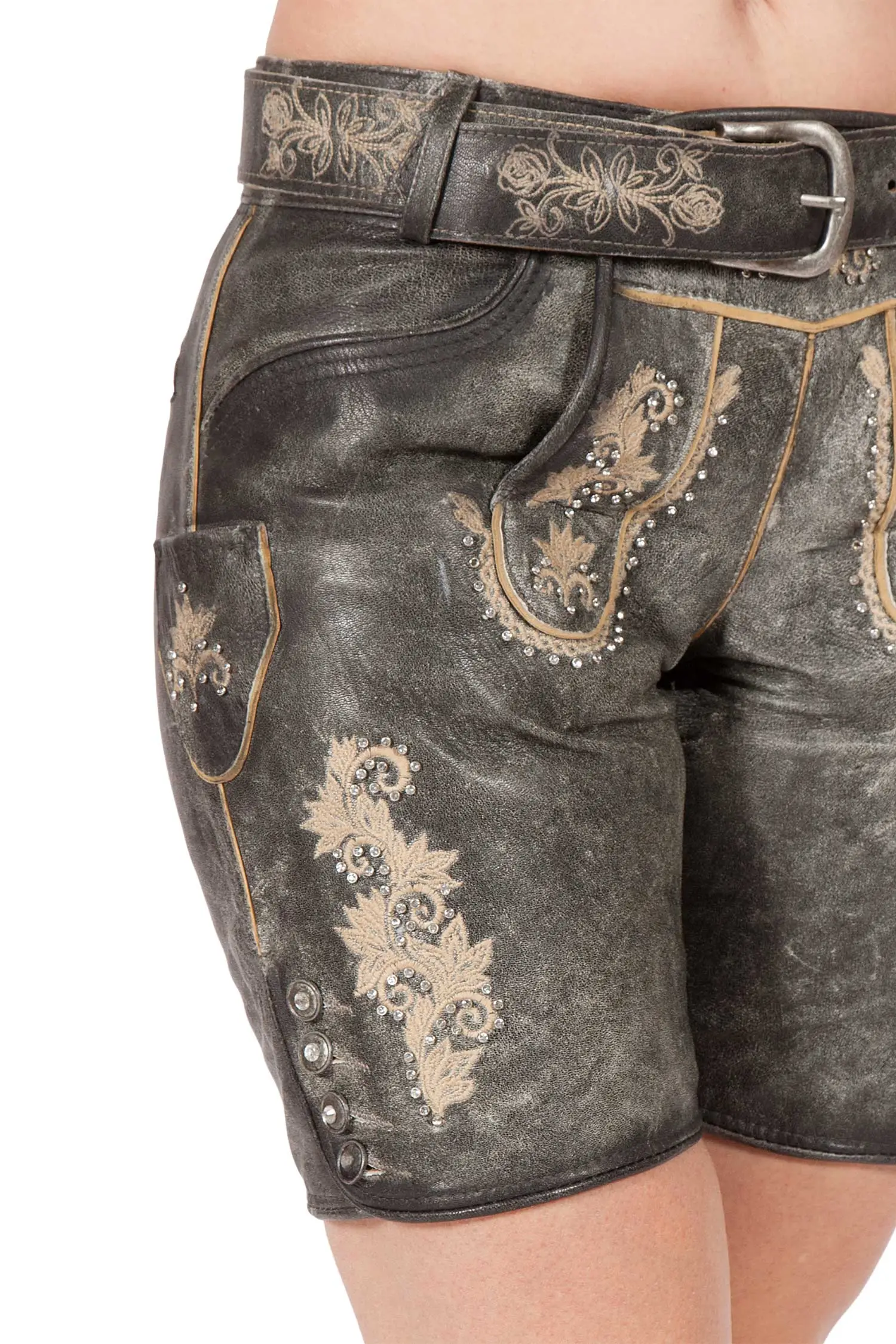 Damen Lederhose kurz in anthrazit mit Glitzer Detail