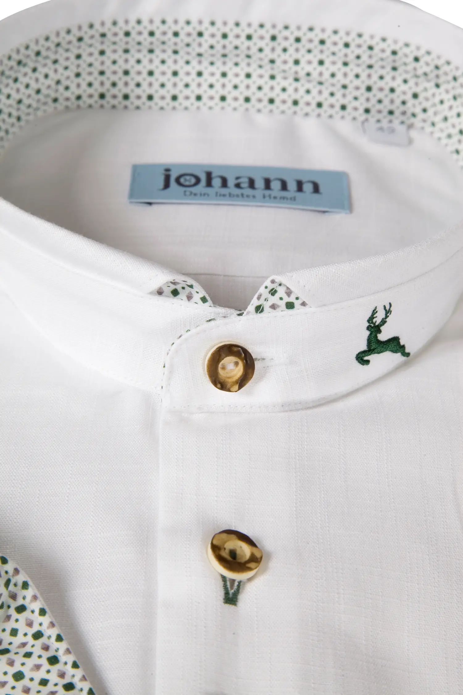 Weißes Baumwoll Trachtenhemd mit grün/braunem Muster - Detail Kragen