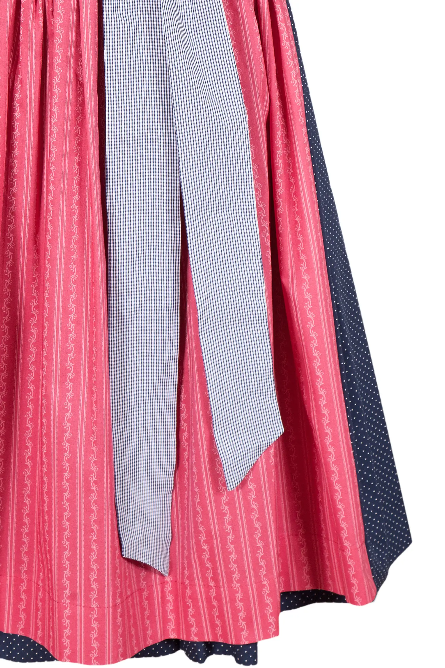 Midi Dirndl in blau mit beerenfarbiger Schürze und kariertem Band