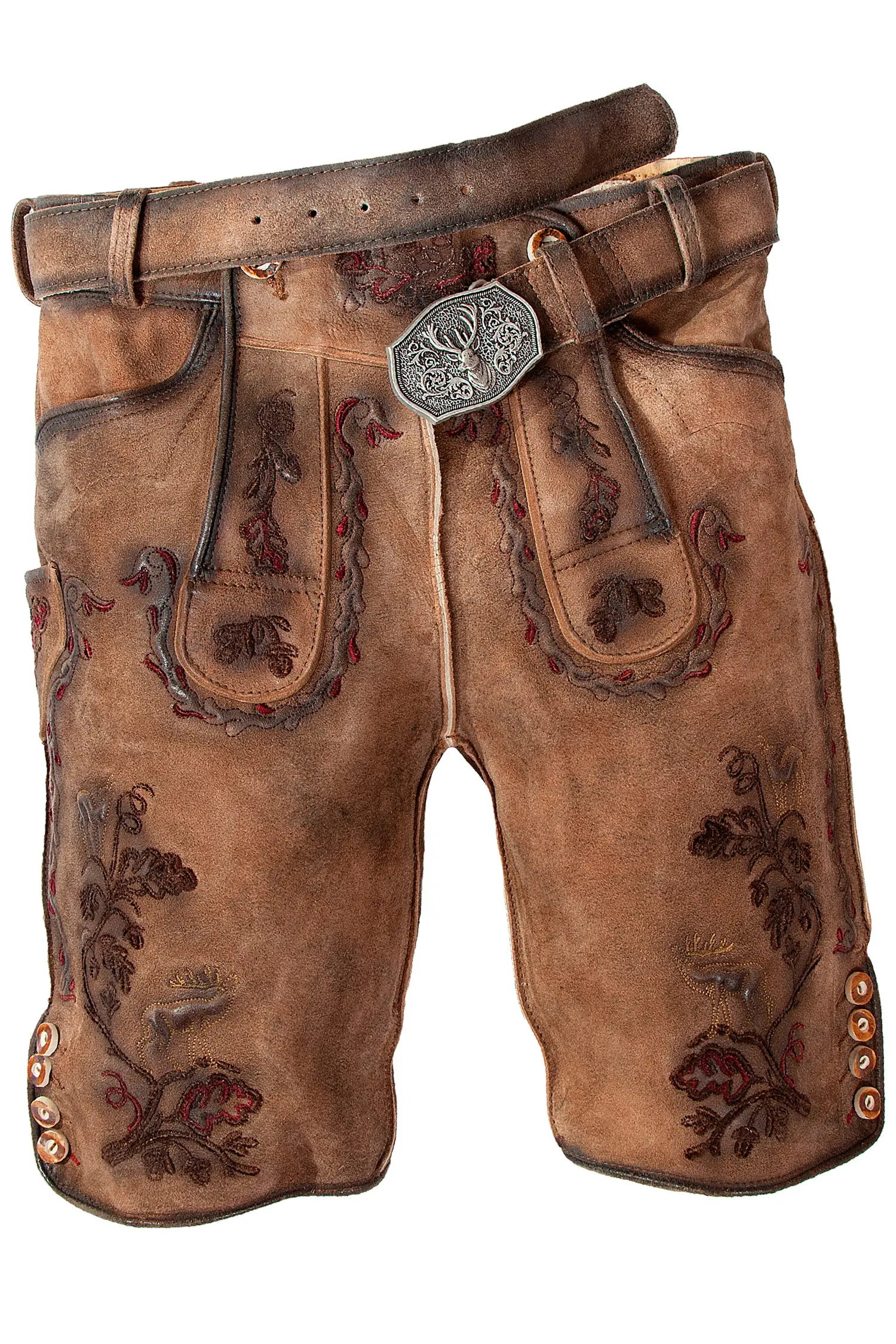 Kurze Lederhose Umberto in tabak mit roten Bestickungen 