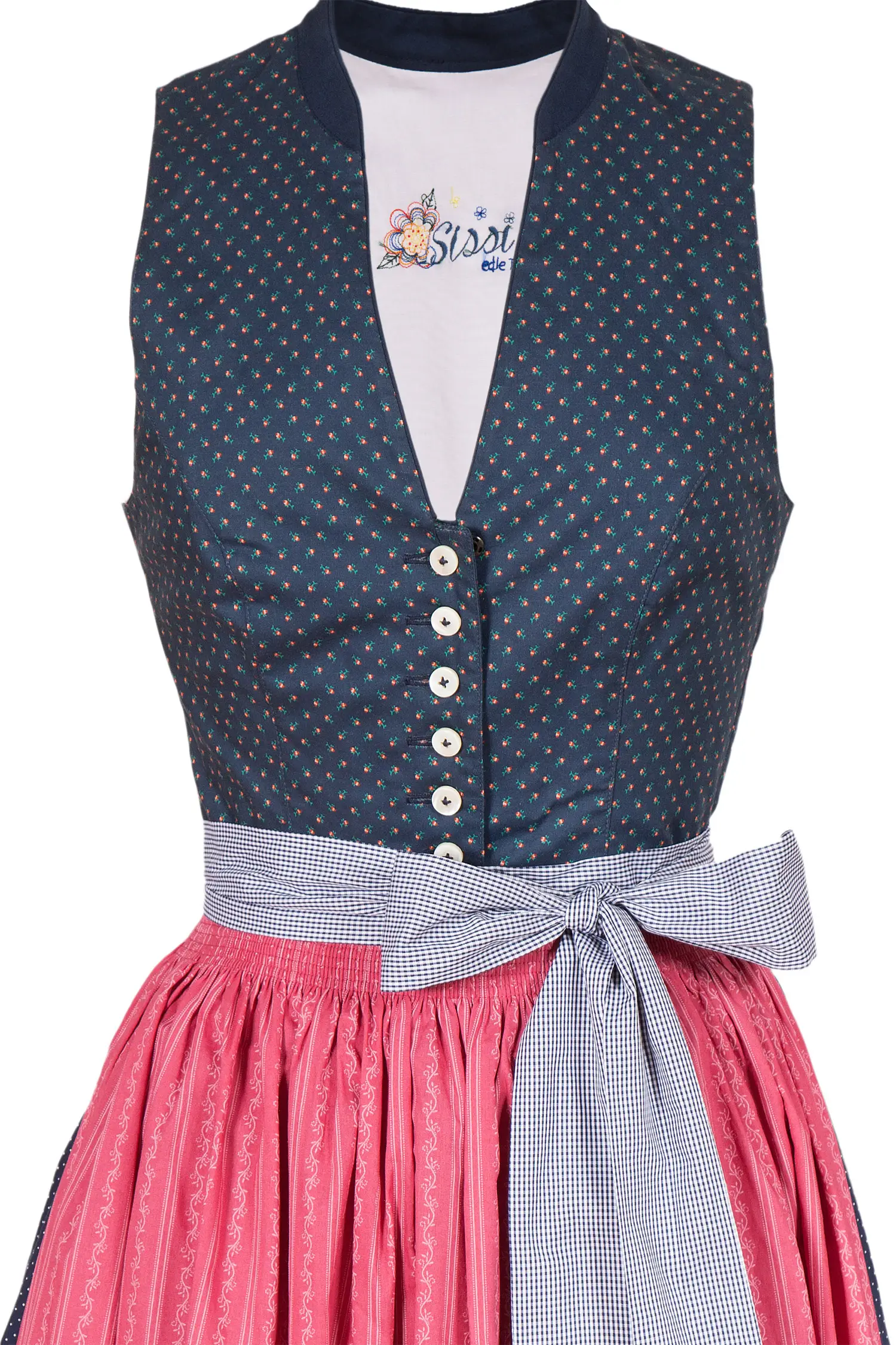 Midi Dirndl in blau mit hochgeschlossen Mieder