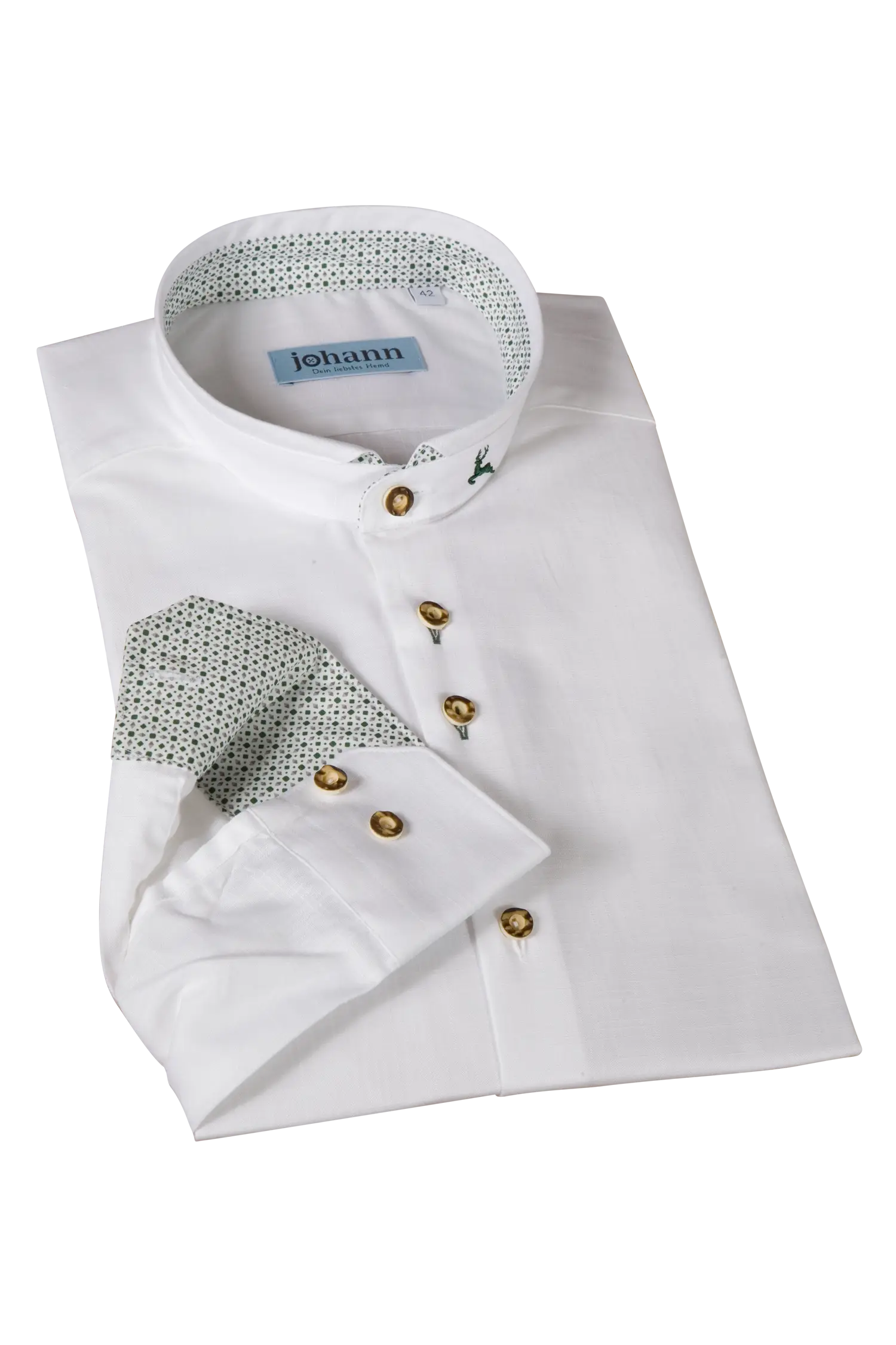 Weißes Baumwoll Trachtenhemd mit grün/braunem Muster