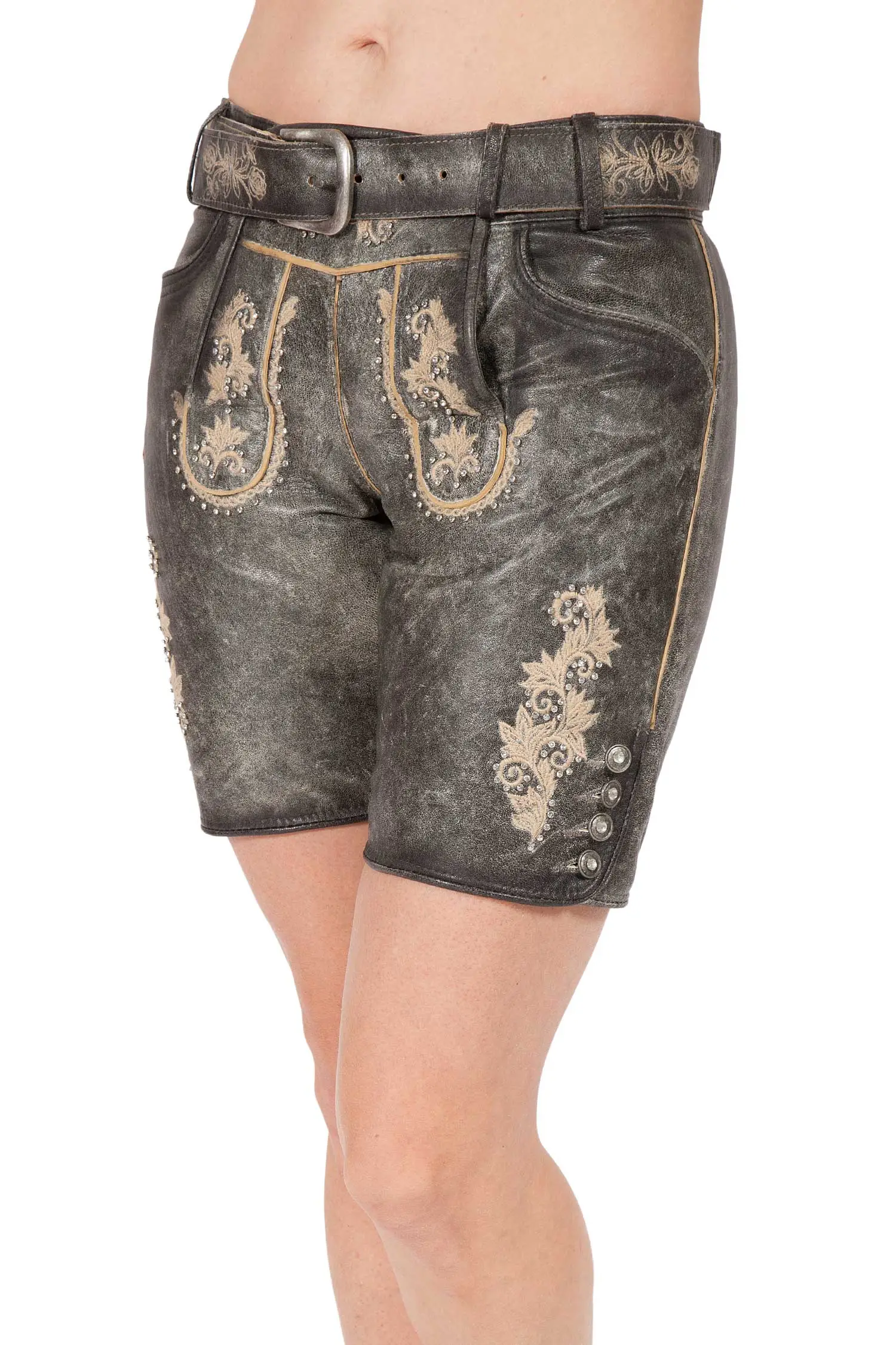 Damen Lederhose kurz in anthrazit mit Glitzer