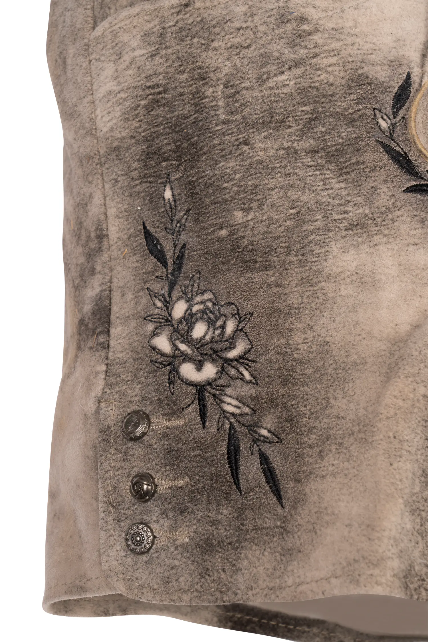 Kurze Lederhose Buffy in Anthrazit Detail Bein