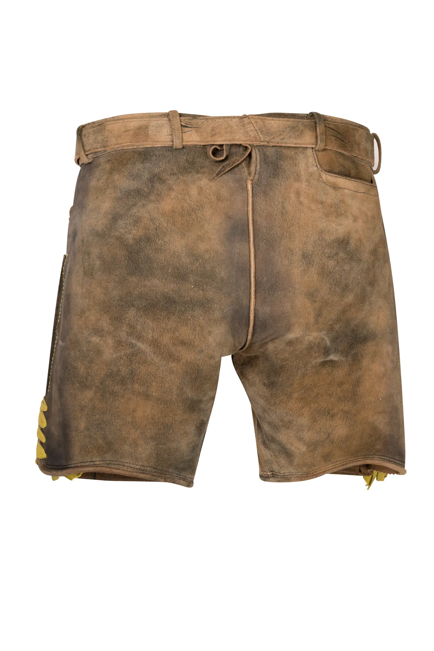 1604-0004-4ge-24-04-1604713 Kurze Lederhose Rudolf in braun used mit gelbem Stick Rückansicht