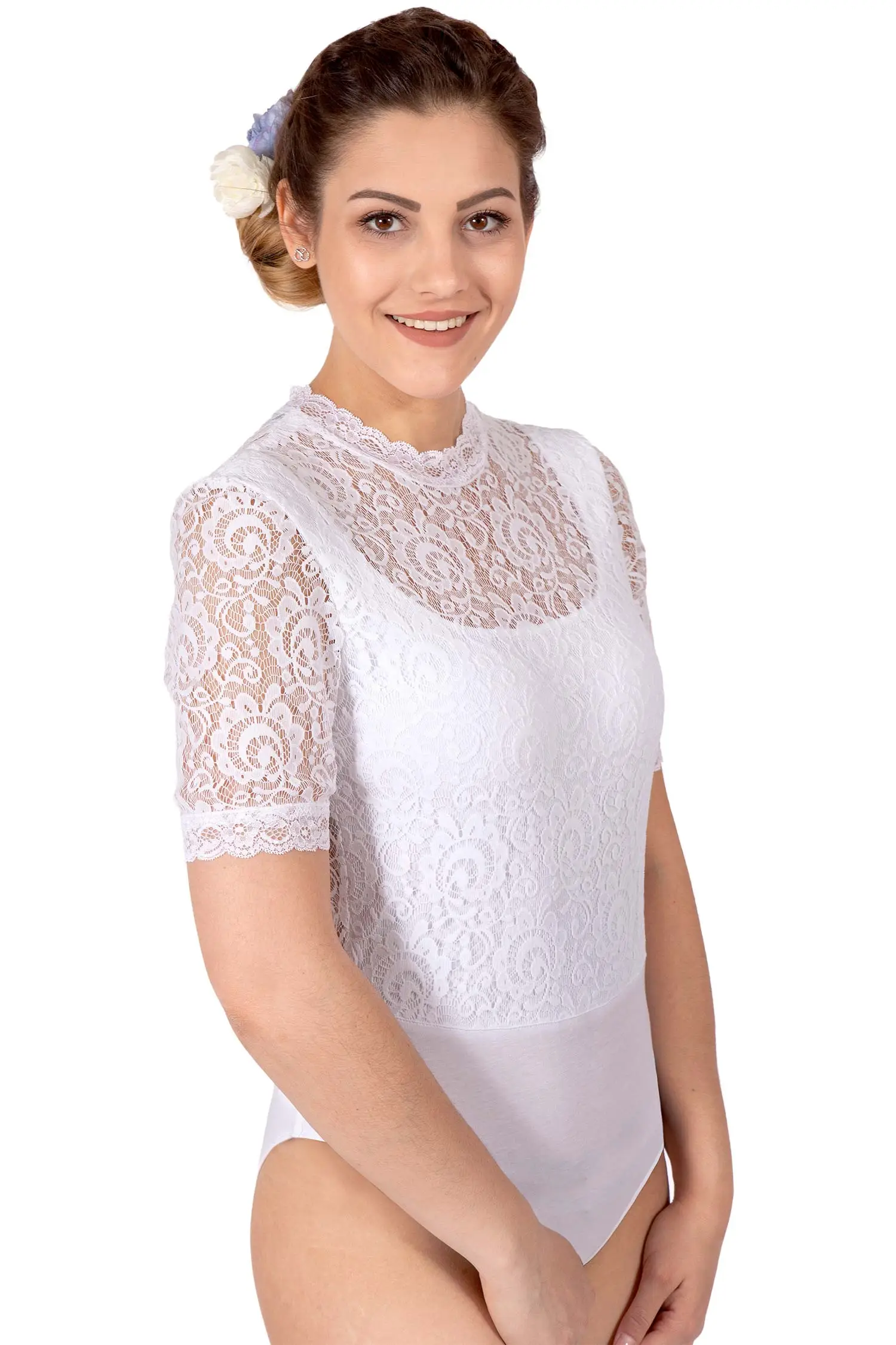 Blusenbody in weiß aus Spitze mit Stehkragen