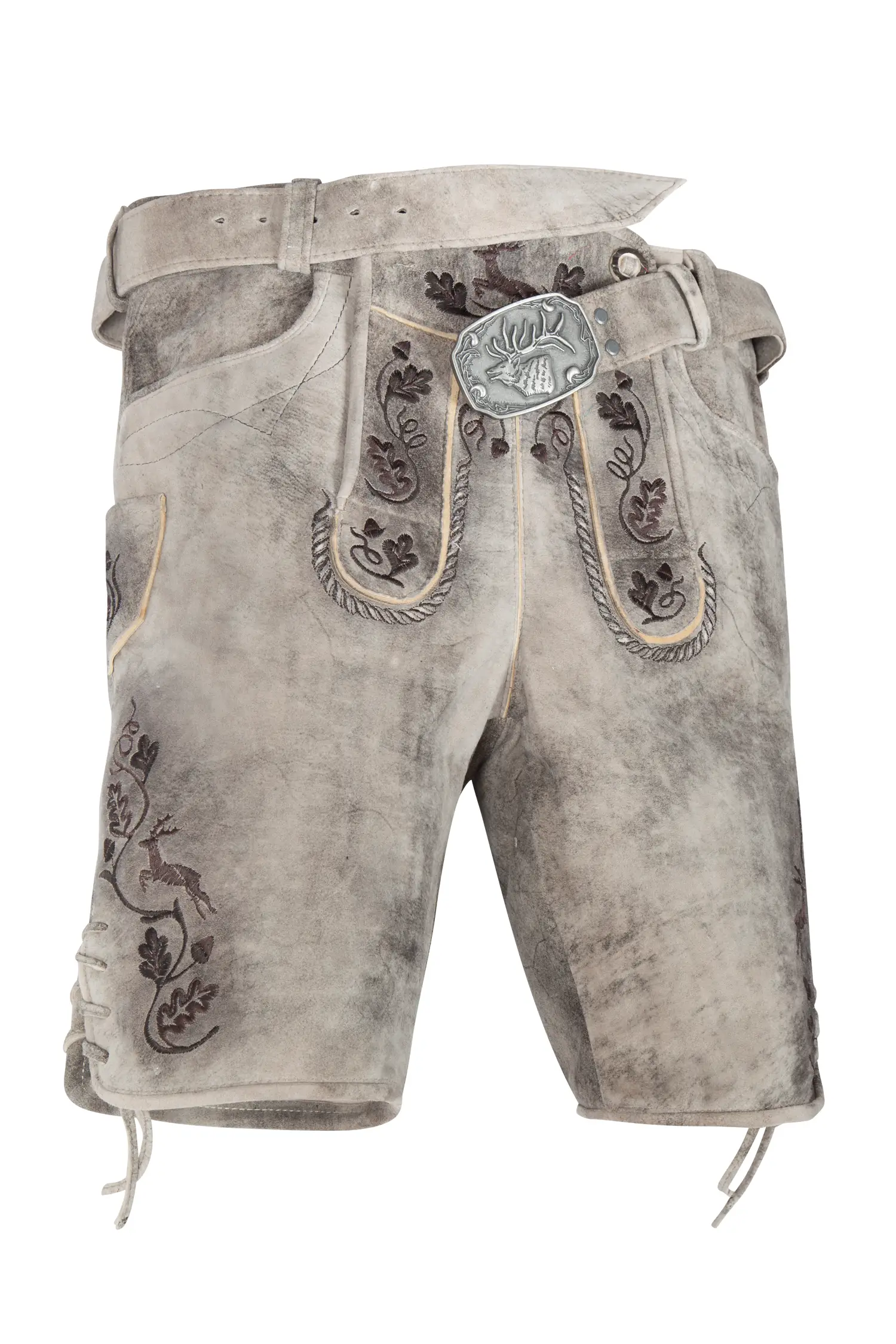 Kurze Lederhose Billfried in grau mit brauner Stickerei