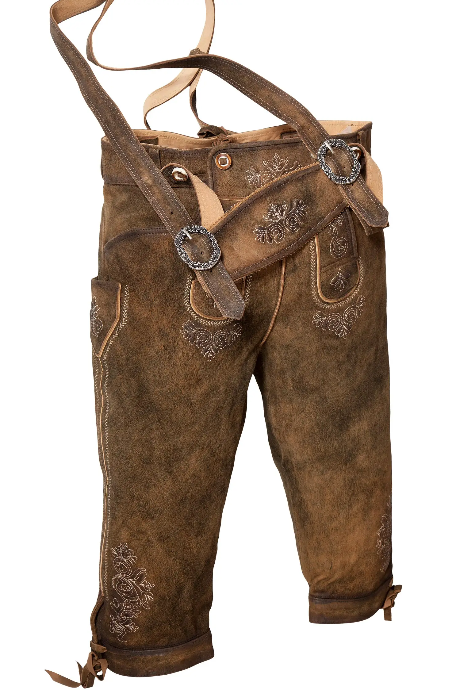 Kniebund Lederhose Justin in havanna mit Träger Detail