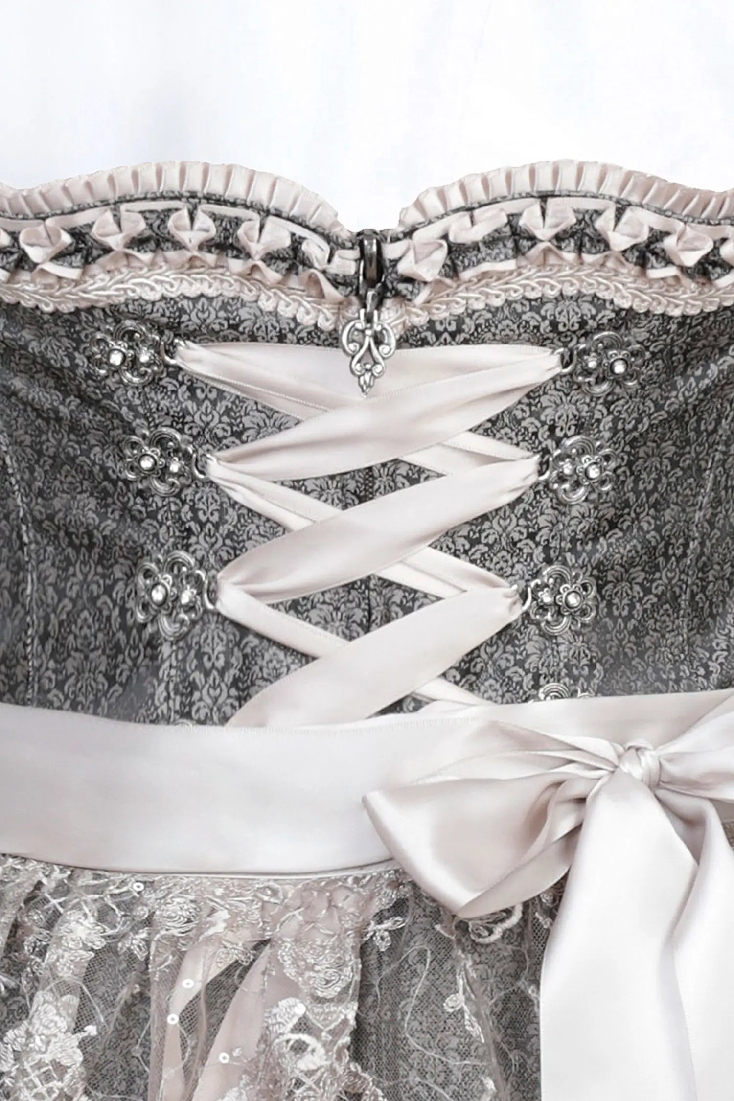 3066-1152-AN4marjo-2023d Dirndl Benita in anthrazit / taupe mit Glitzerschürze 60 cm - Detail Mieder