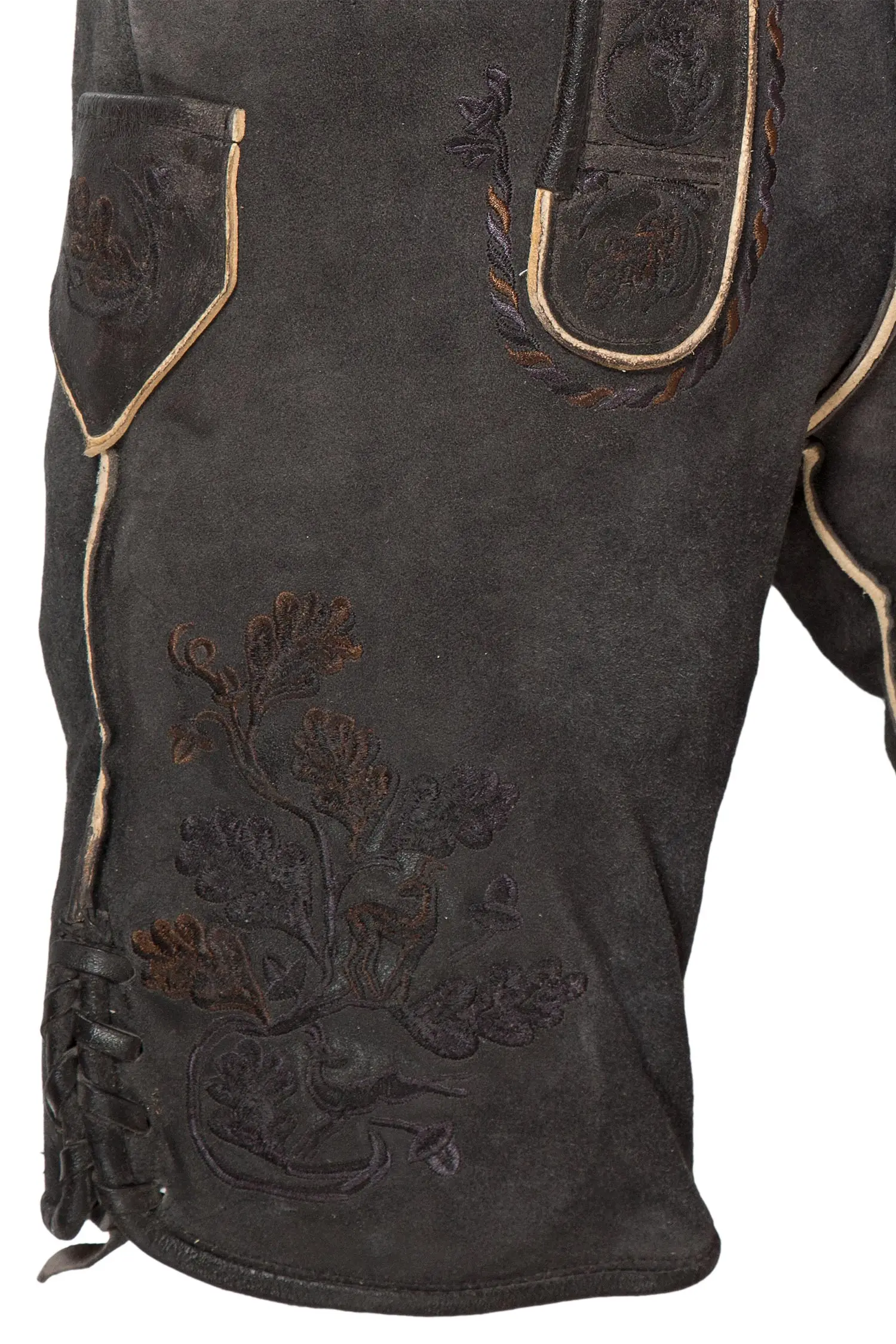 Lederhose kurz Amsel in schwarz mit schwarzem Stick Bein