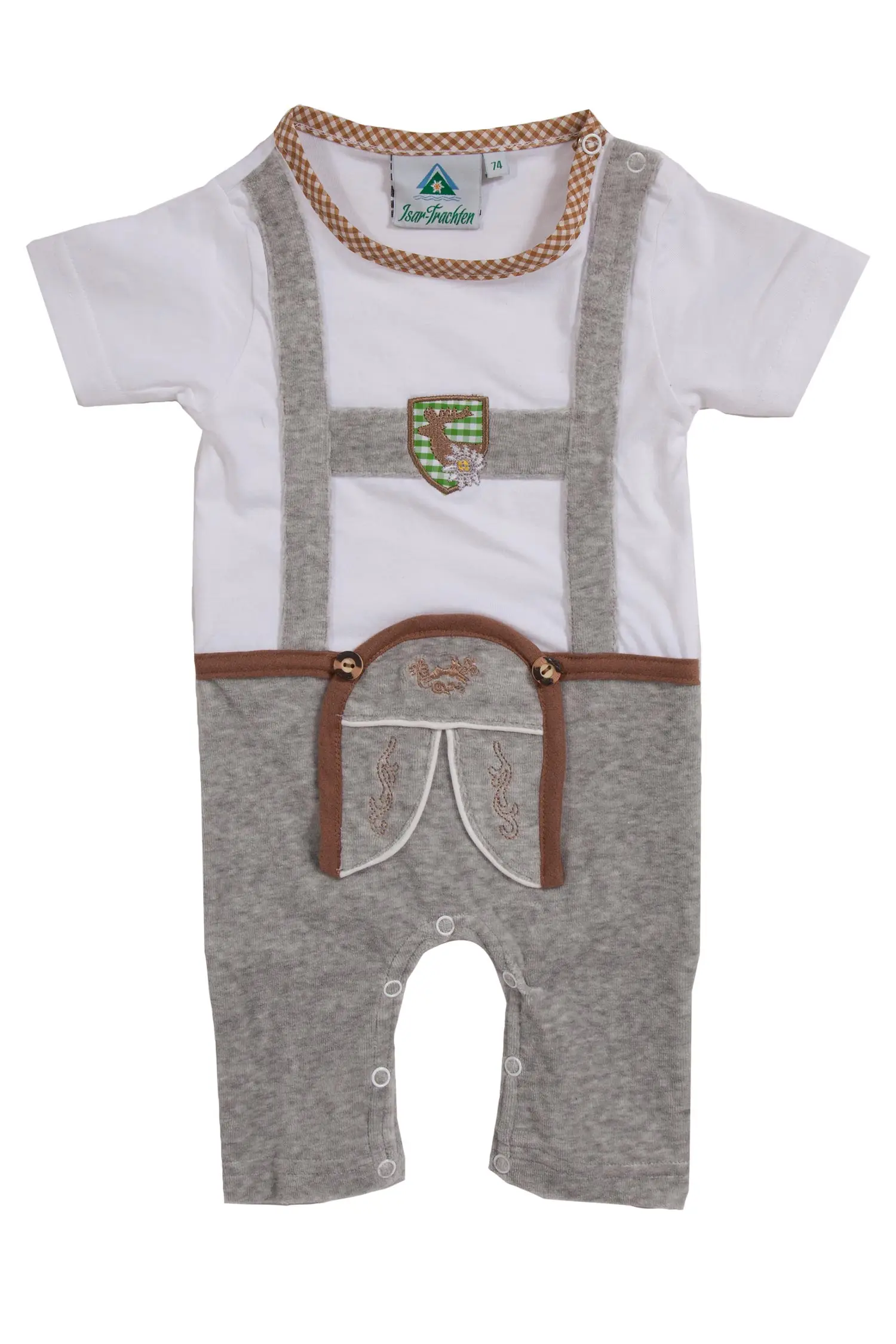 Baby Strampler Lederhose weiß grau