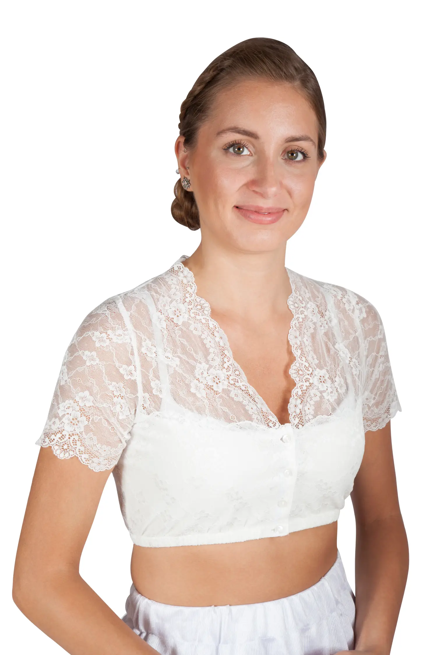 Feine Spitzenbluse in off white mit V-Ausschnitt