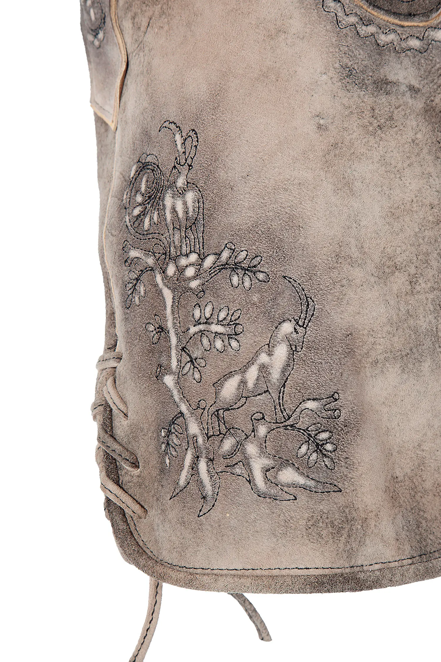 Rustikale Lederhose in hellgrau und sand - Detail Hosenbein