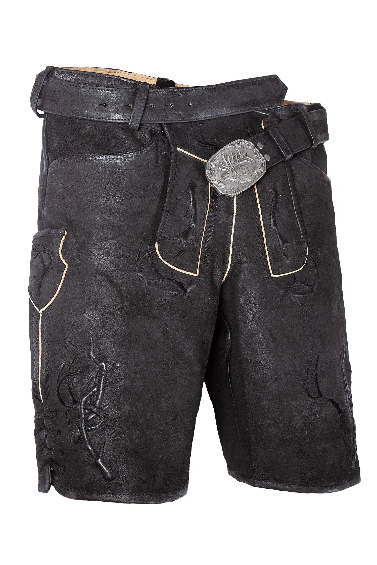 Stylische Lederhose Astral mit Hirschschädel und Gürtel