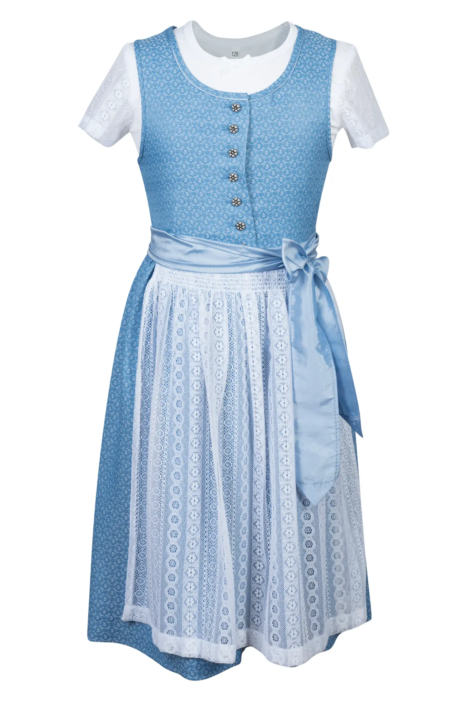 Kinderdirndl Anna in hellblau mit Shirt und Spitzenschürze