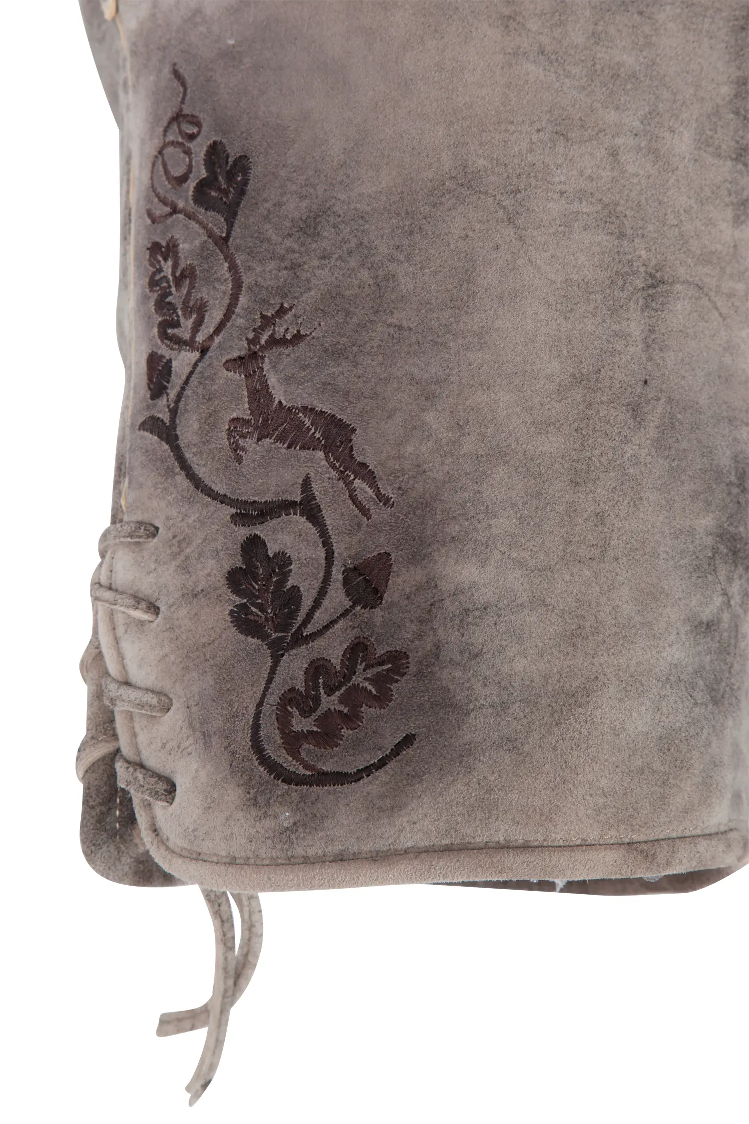Kurze Lederhose Billfried in grau mit brauner Stickerei - Detail Bein