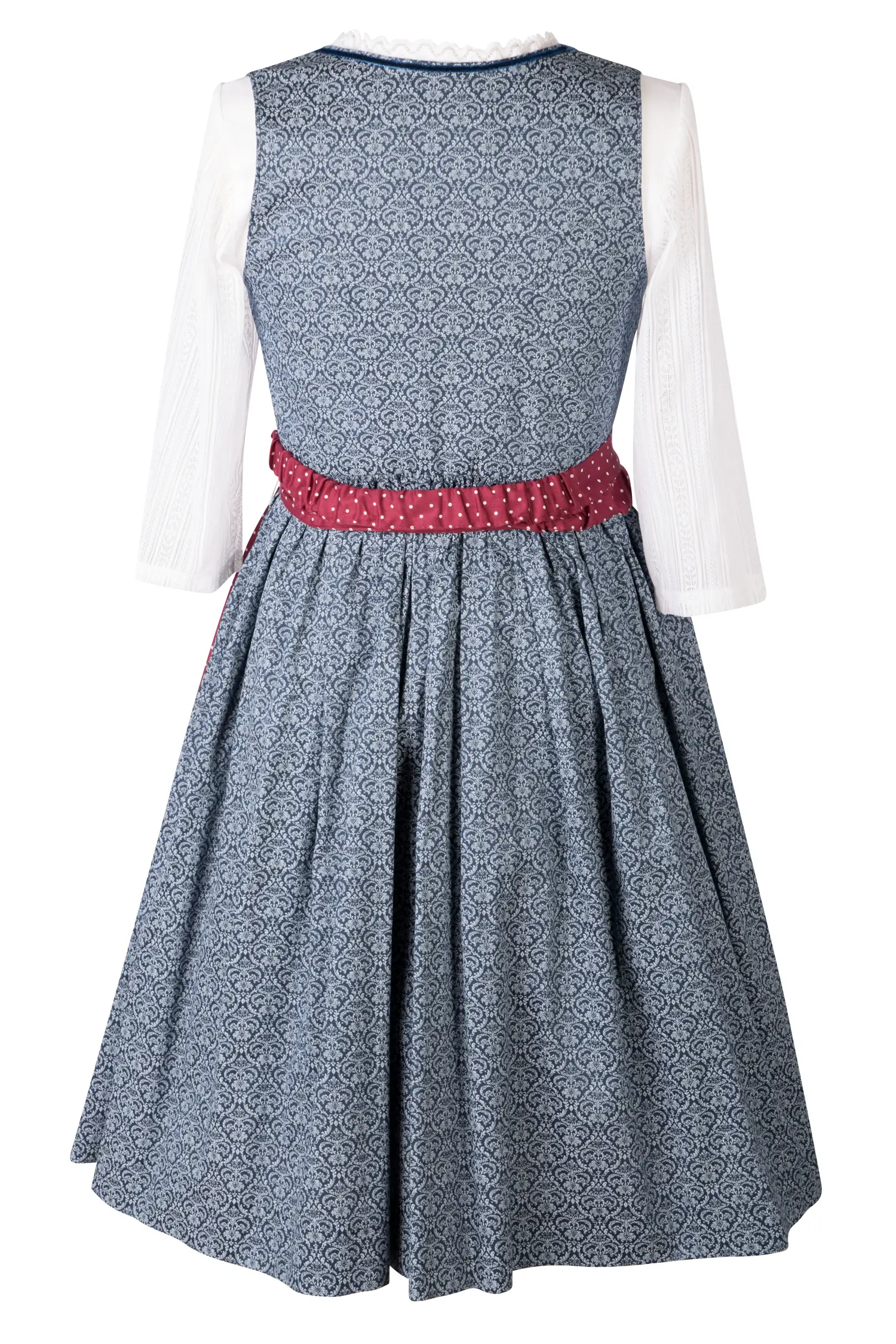 3 tlg. Kinderdirndl Rosalie in blau mit Shirt und Schürze - Rückansicht